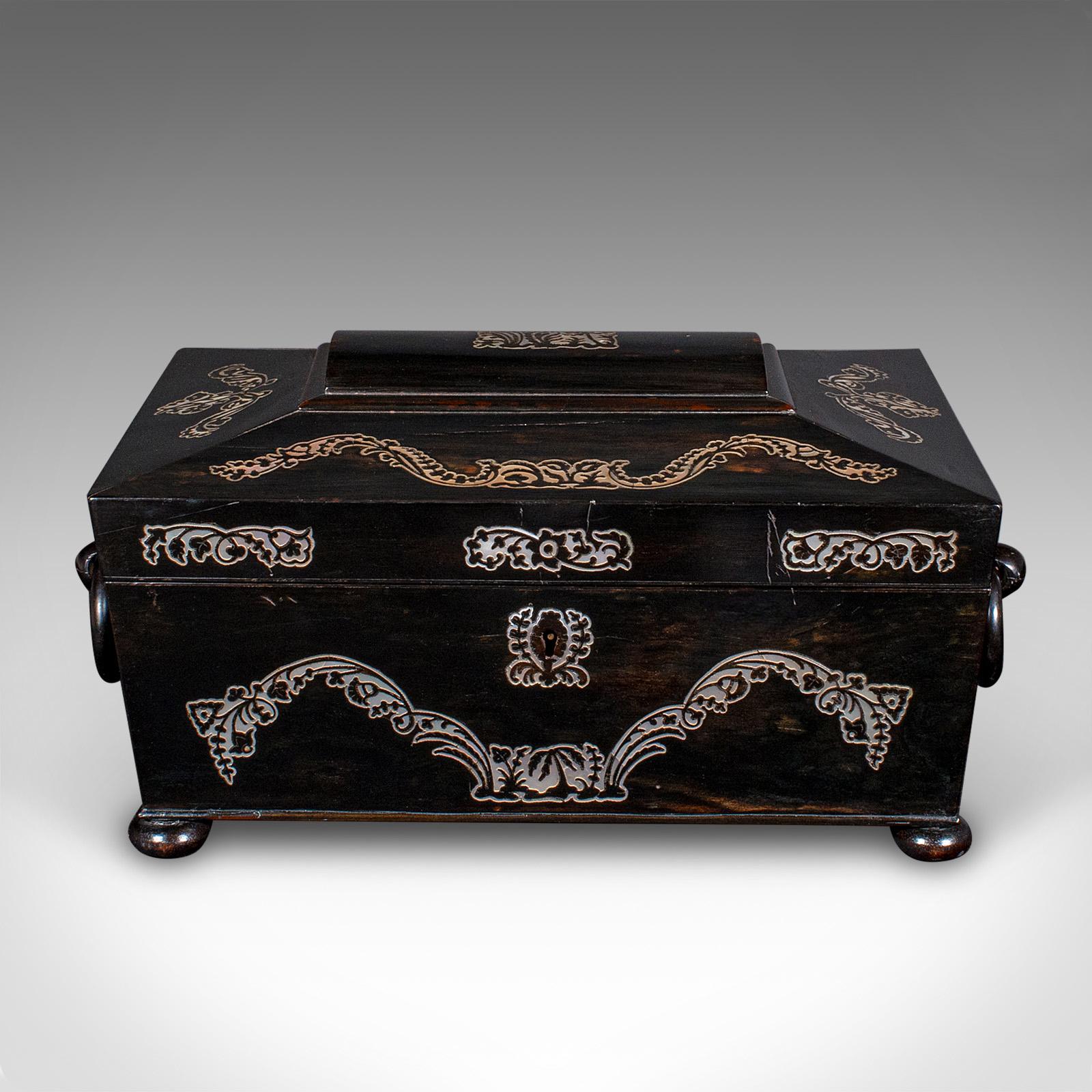 Caja de Recuerdos Antigua, Inglesa, Coromandel, Estuche de Papelería con Incrustaciones, Regencia, 1830 en Bueno estado para la venta en Hele, Devon, GB