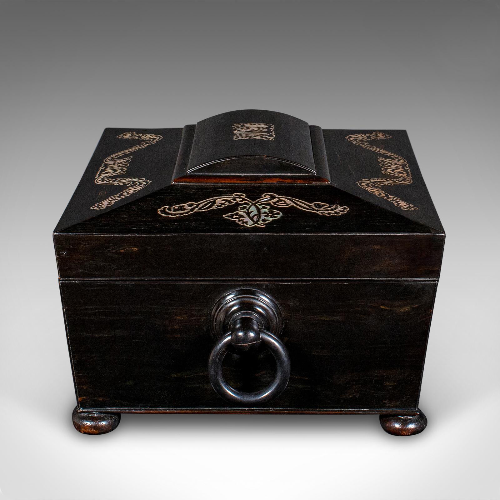 Caja de Recuerdos Antigua, Inglesa, Coromandel, Estuche de Papelería con Incrustaciones, Regencia, 1830 siglo XIX en venta