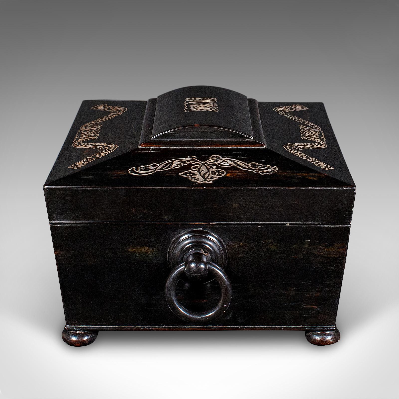 Caja de Recuerdos Antigua, Inglesa, Coromandel, Estuche de Papelería con Incrustaciones, Regencia, 1830 en venta 1