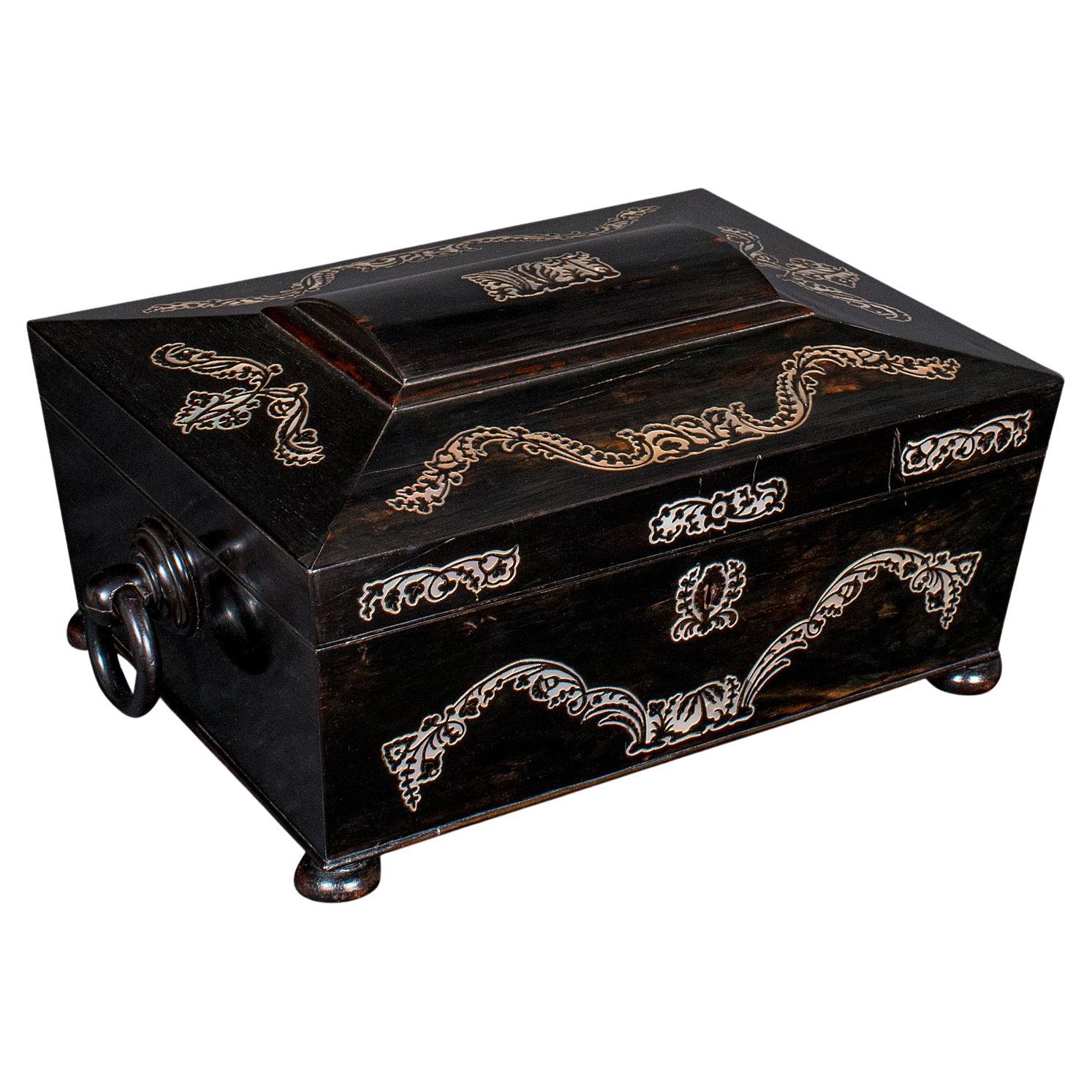 Caja de Recuerdos Antigua, Inglesa, Coromandel, Estuche de Papelería con Incrustaciones, Regencia, 1830