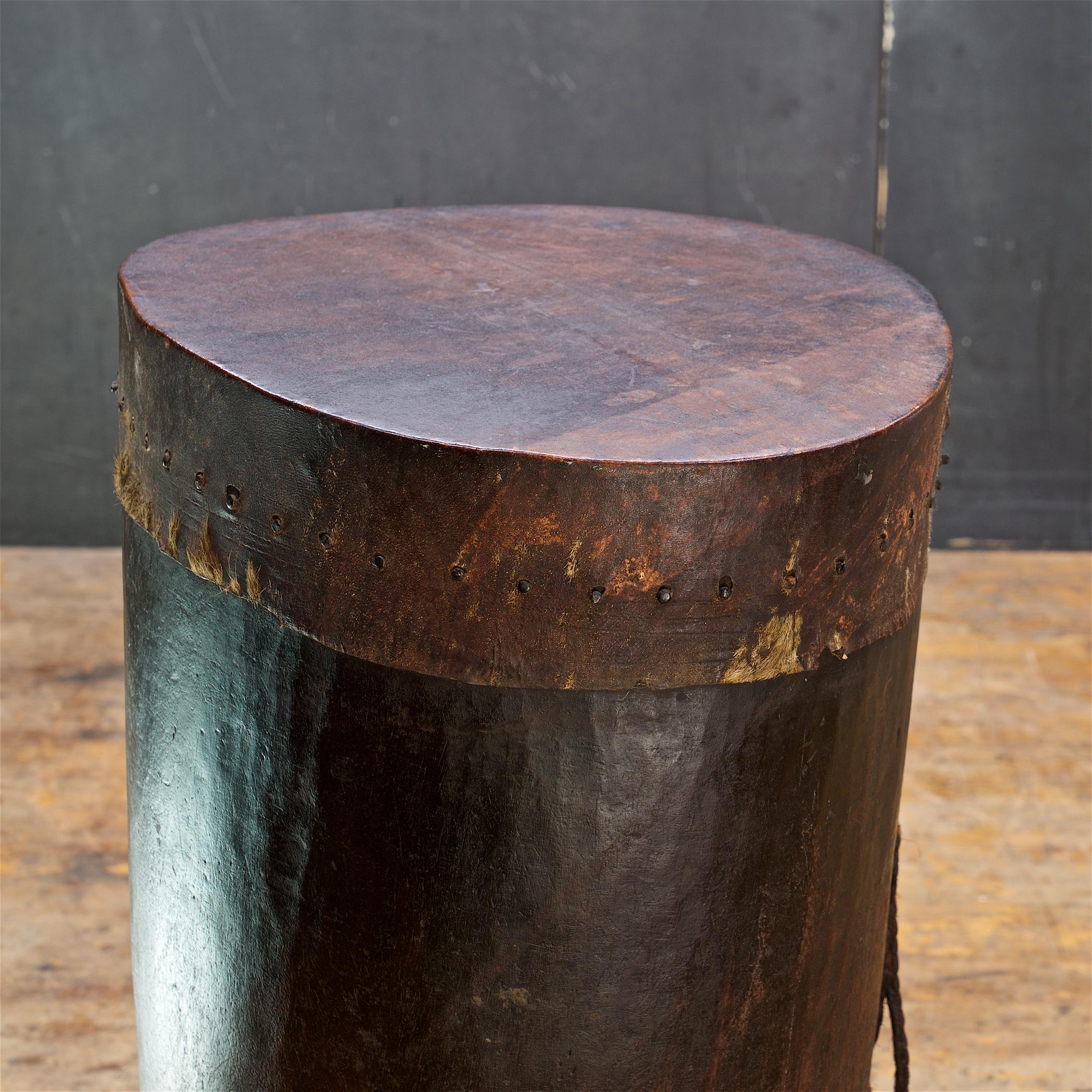 Ebonized Antique Kenyan African Tribal Djembe Drum Side Table Pedestal Plant Stand