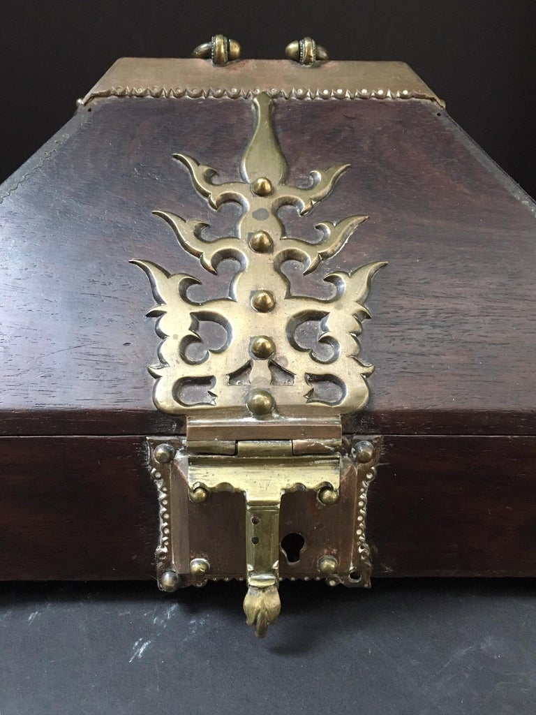 Antique Kerala Ethnic Indian Mahogany Jewelry Box with Brass Mounting