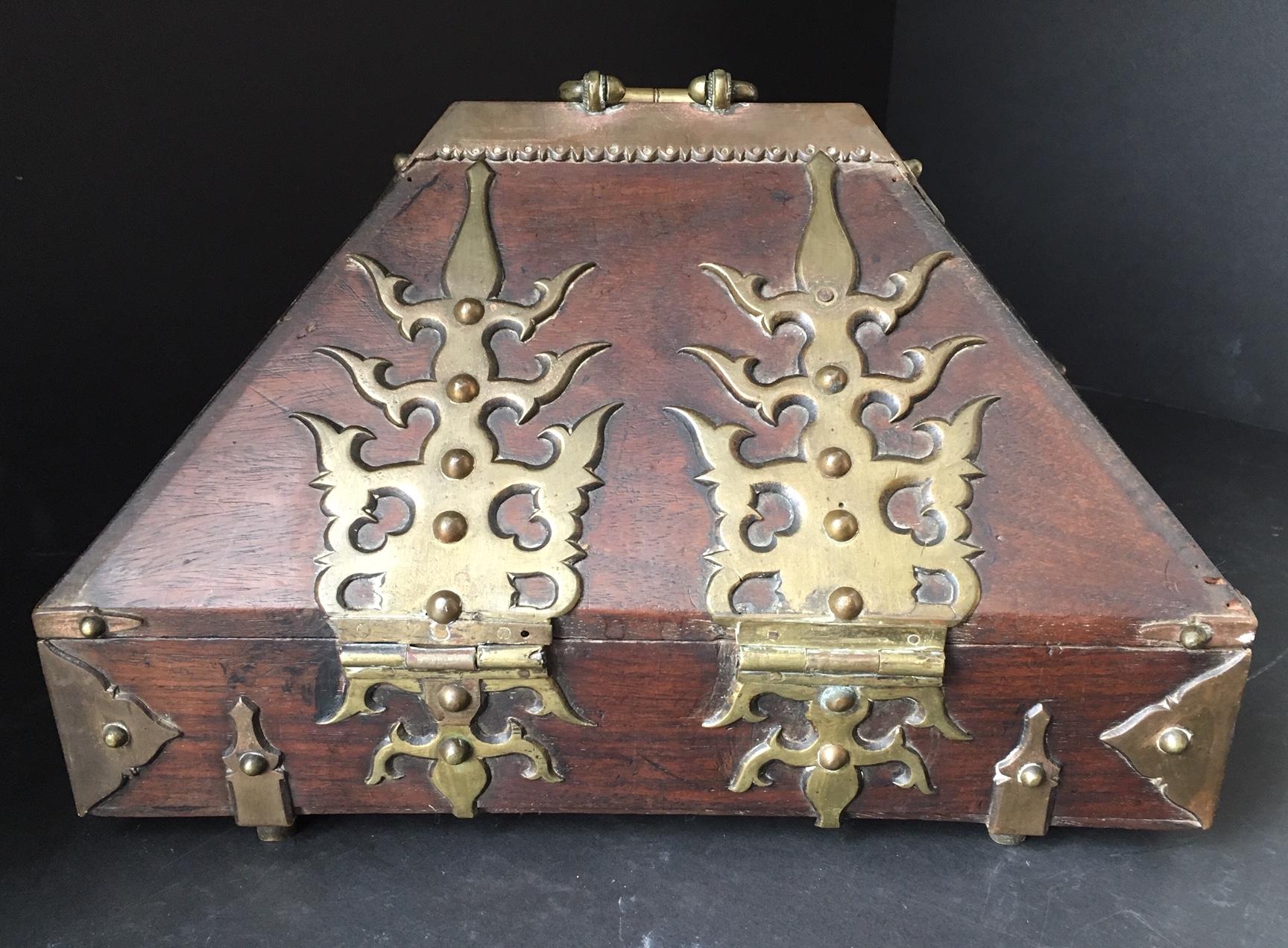 Anglo-Indian Antique Kerala Ethnic Indian Mahogany Jewelry Box with Brass Mounting
