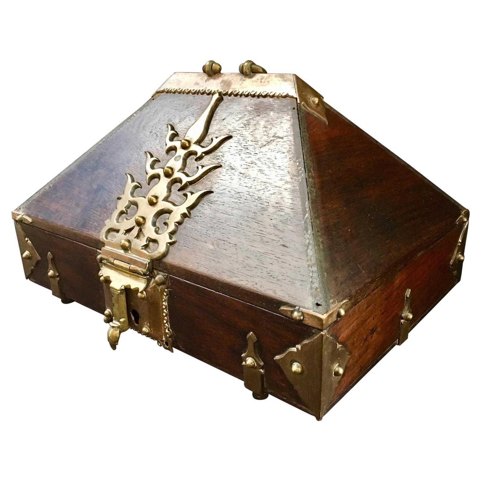 Antique Kerala Ethnic Indian Mahogany Jewelry Box with Brass Mounting