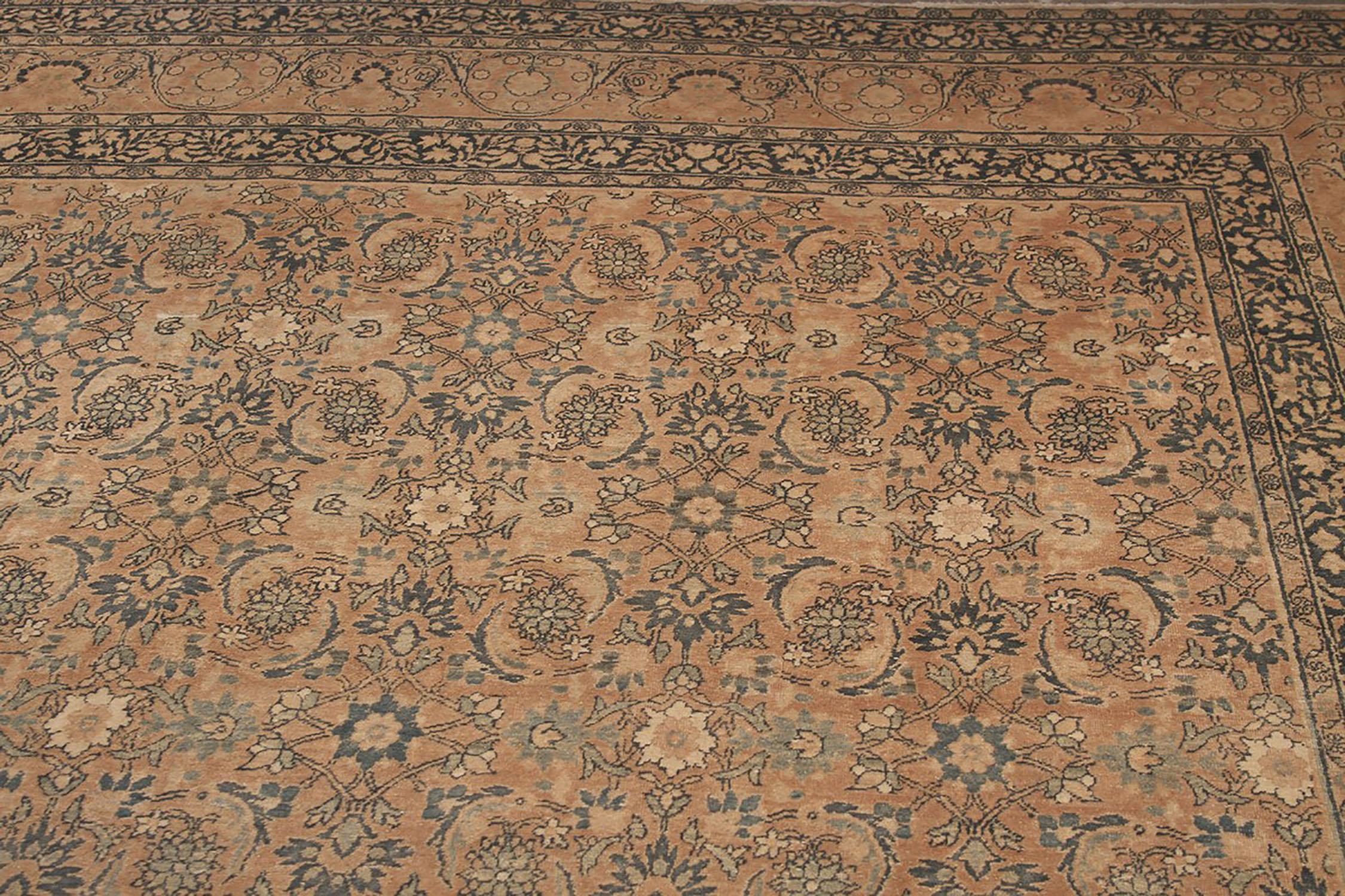 Hand-Knotted Antique Kerman Beige Brown and Blue Wool Persian Floral Rug For Sale