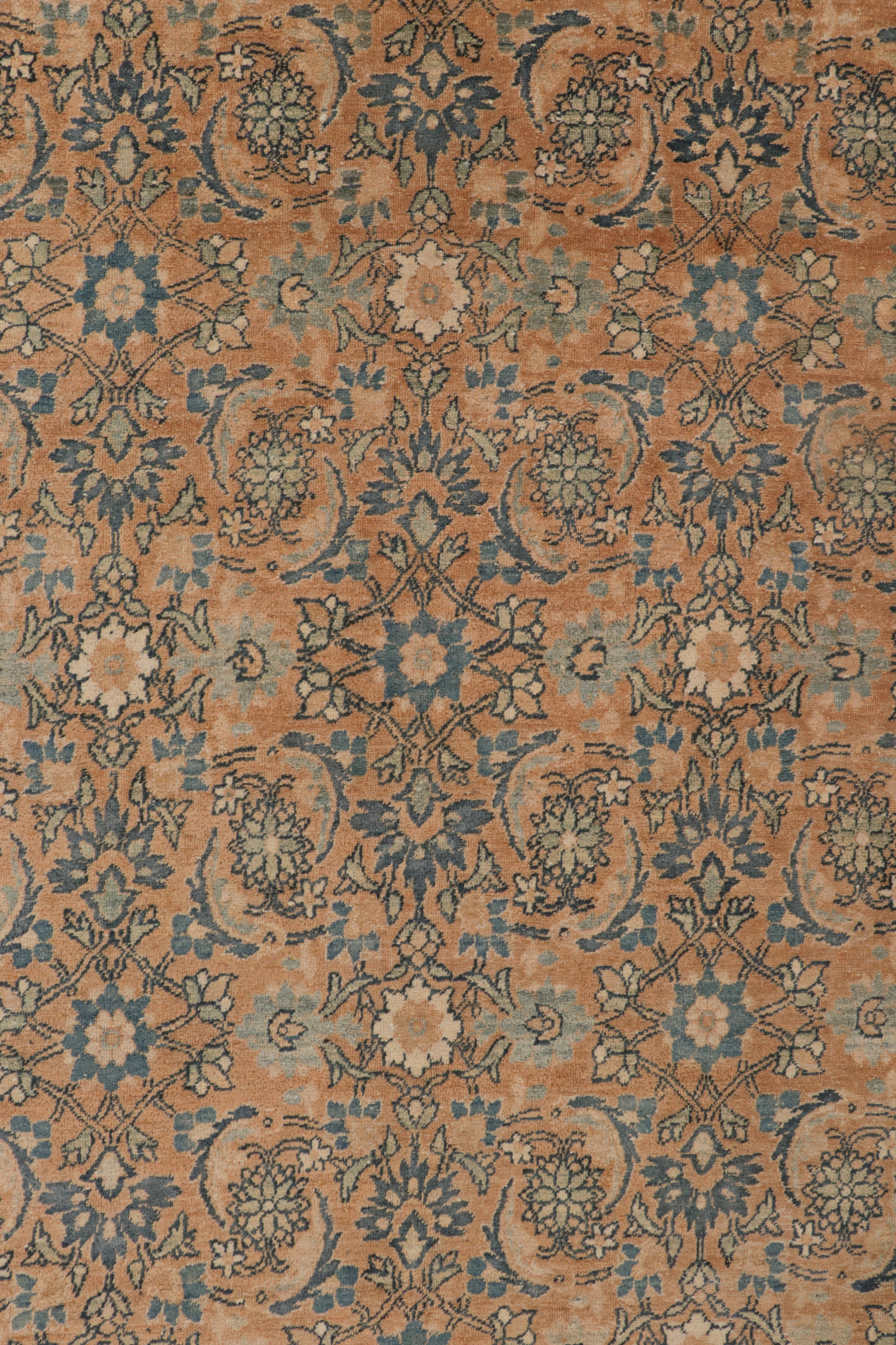 Hand-Knotted Antique Kerman Beige Brown and Blue Wool Persian Floral Rug For Sale