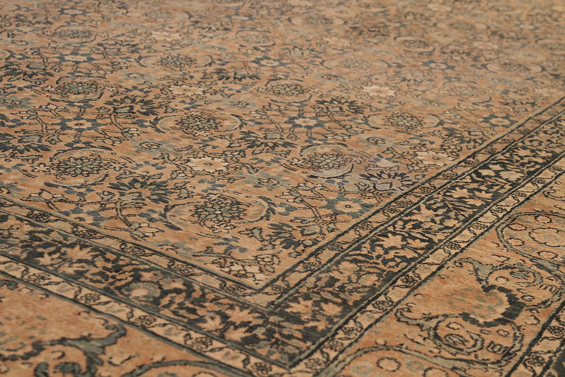 Antique Kerman Beige Brown and Blue Wool Persian Floral Rug In Good Condition For Sale In Long Island City, NY