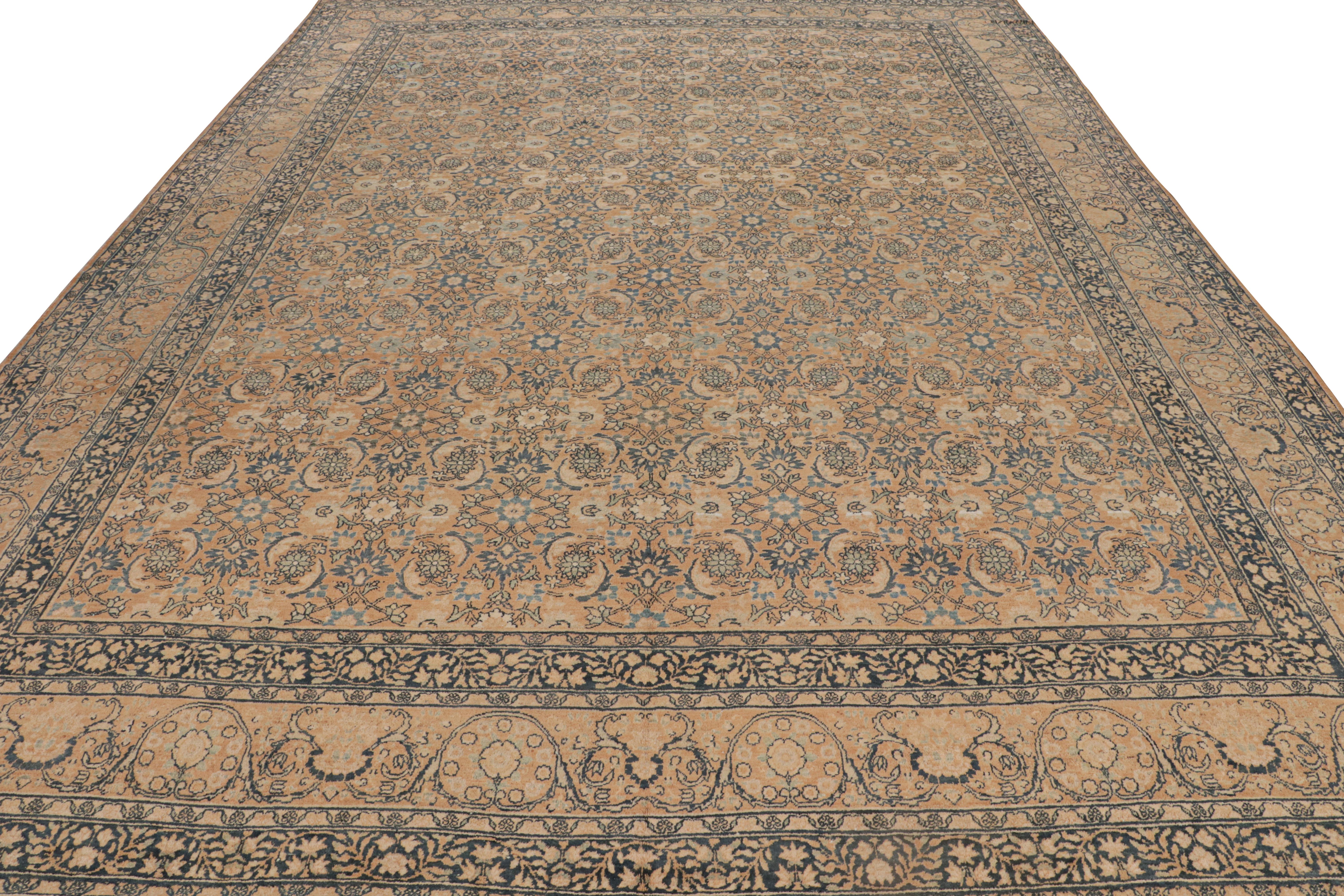 Antique Kerman Beige Brown and Blue Wool Persian Floral Rug In Good Condition For Sale In Long Island City, NY