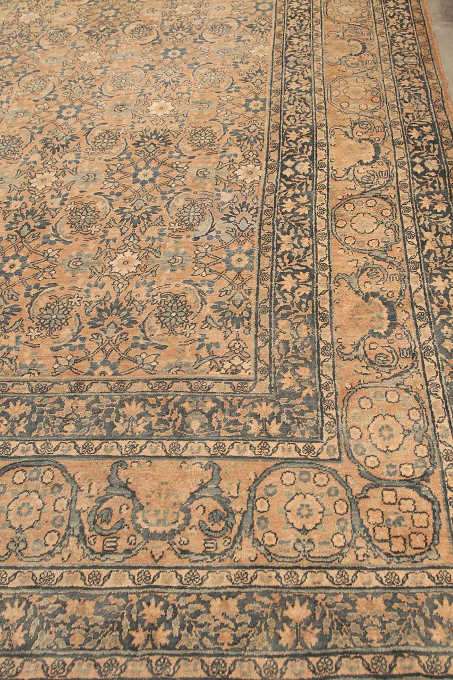 Early 20th Century Antique Kerman Beige Brown and Blue Wool Persian Floral Rug For Sale