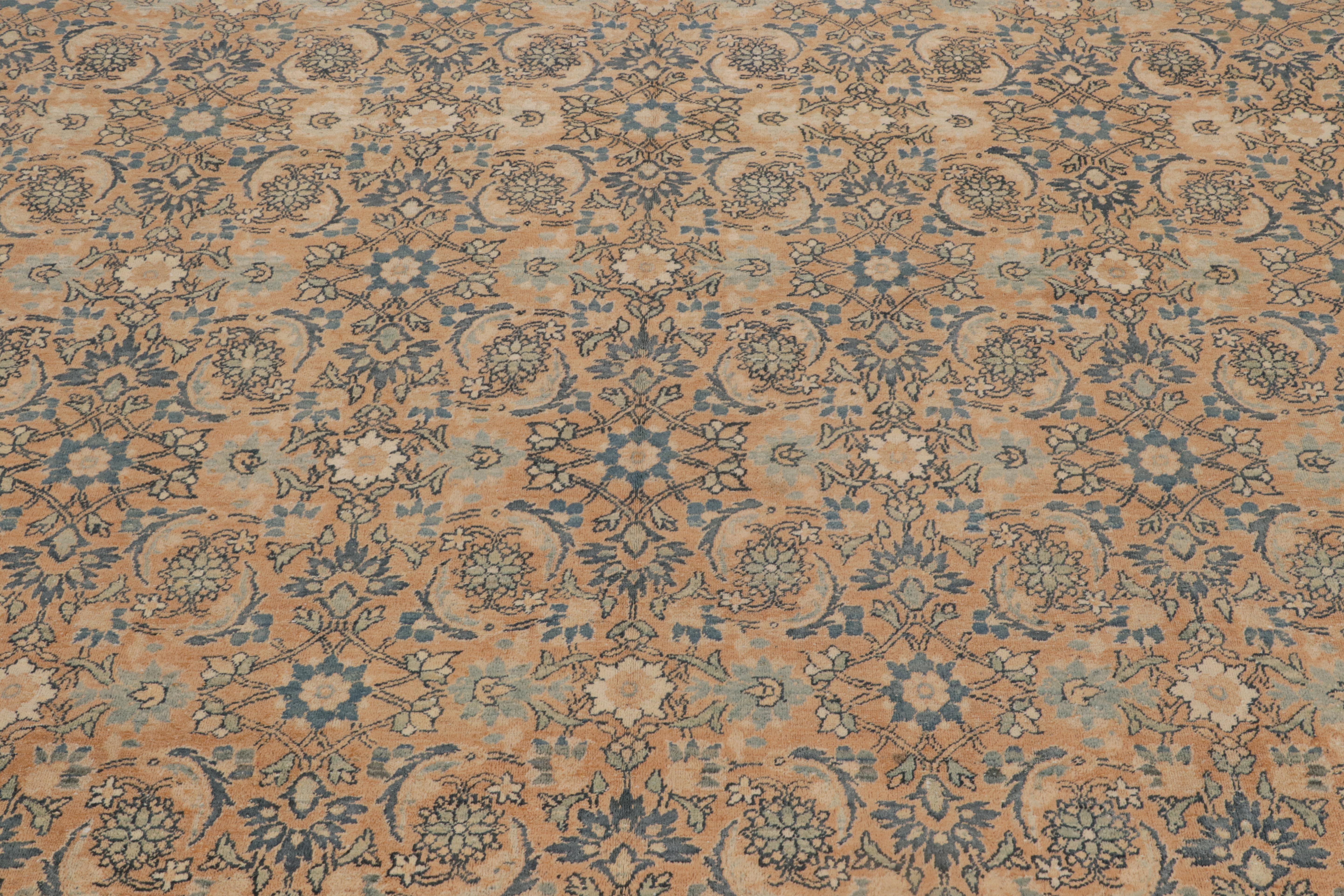 Early 20th Century Antique Kerman Beige Brown and Blue Wool Persian Floral Rug For Sale