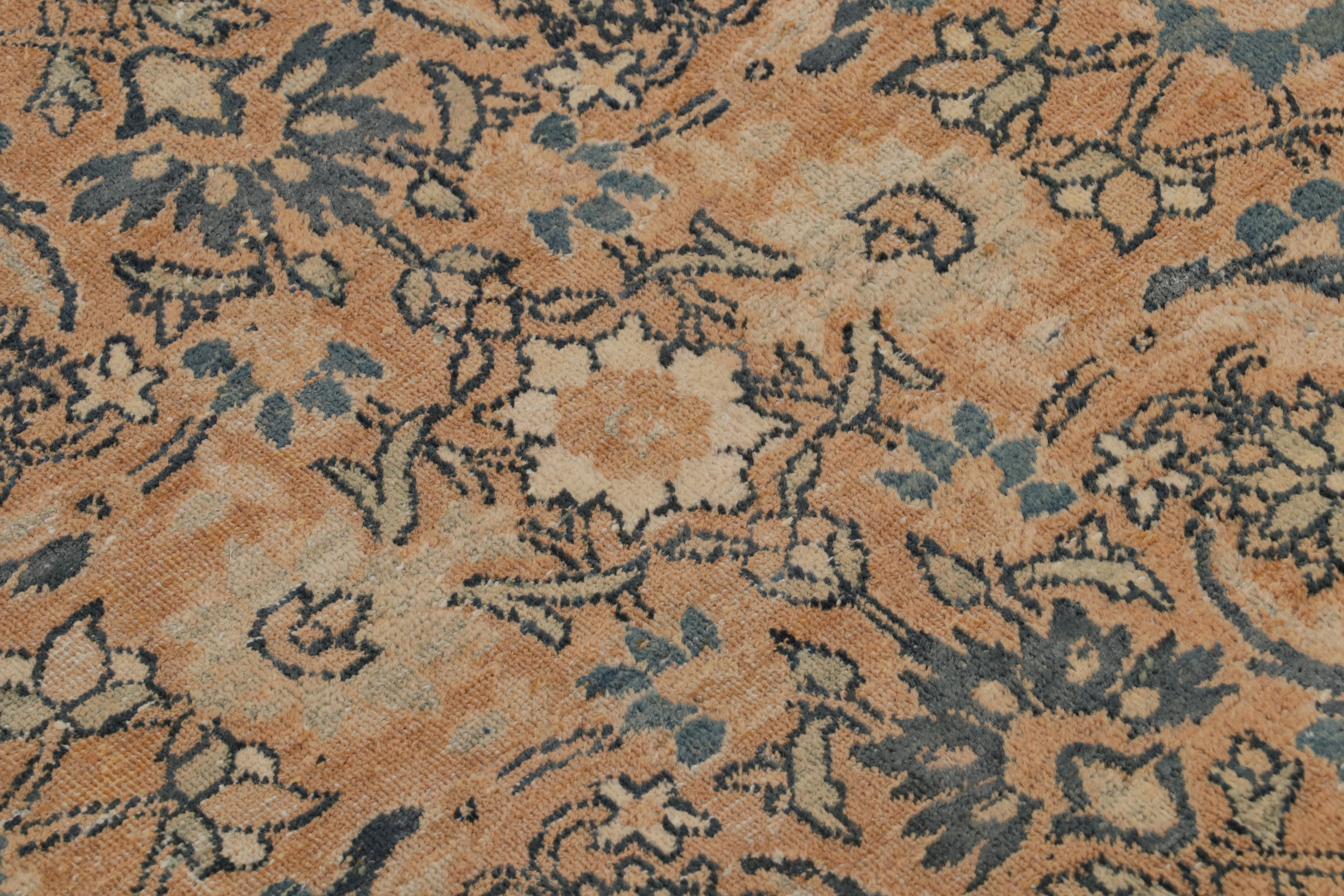 Antique Kerman Beige Brown and Blue Wool Persian Floral Rug For Sale 2