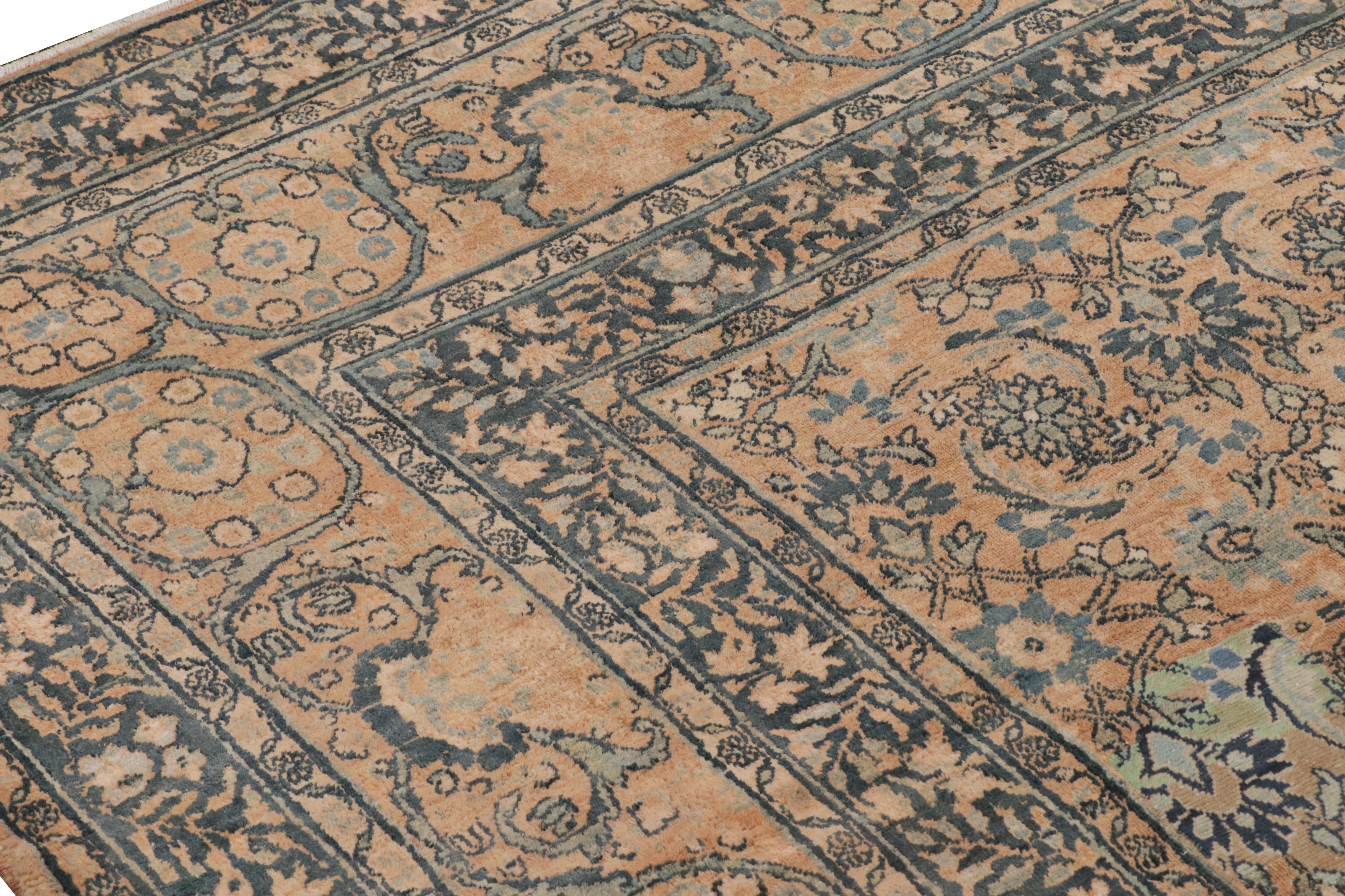 Antique Kerman Beige Brown and Blue Wool Persian Floral Rug For Sale 1