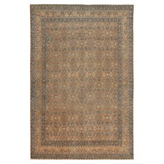 Ancien tapis persan Kerman à fleurs en laine beige, marron et bleu