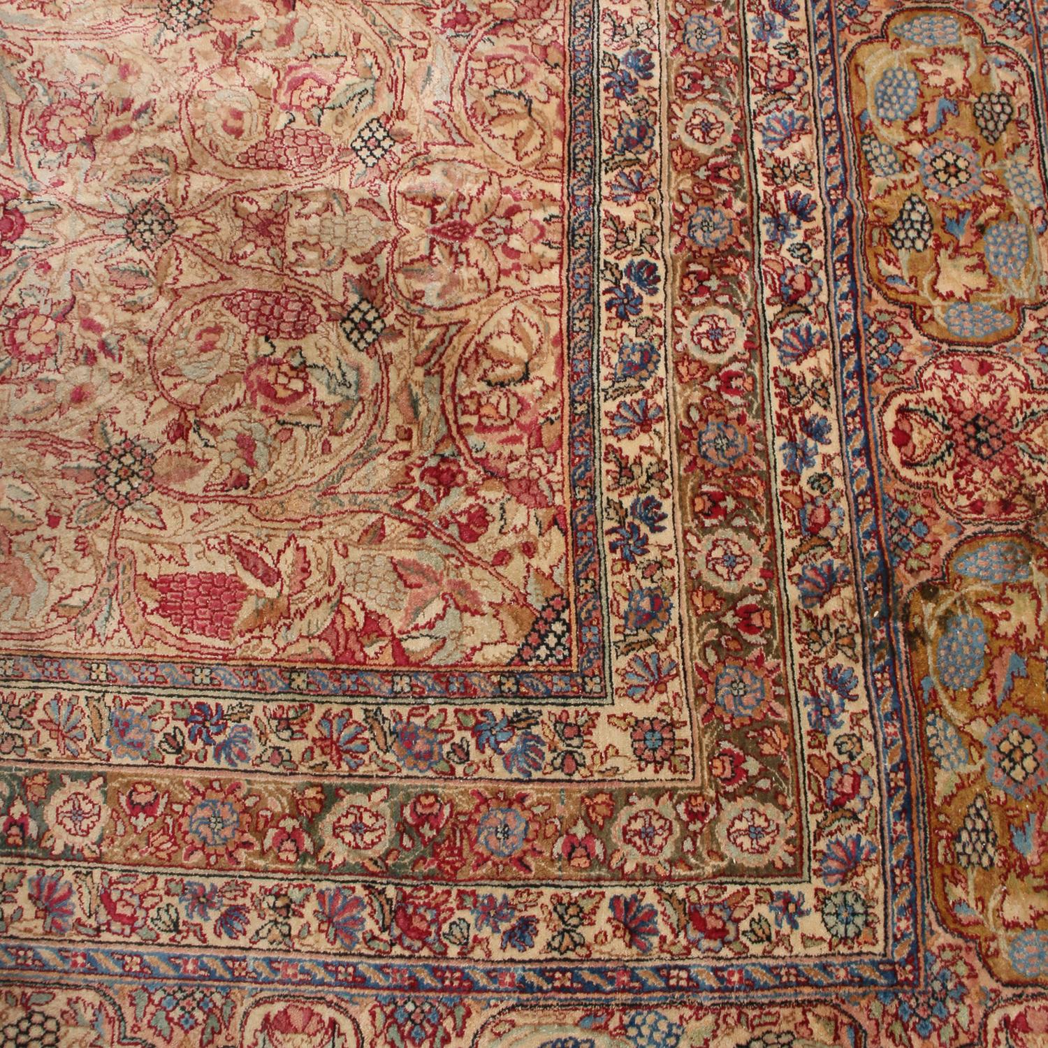 Kirman Antique Kerman Beige-Brown and Red Wool Persian Rug