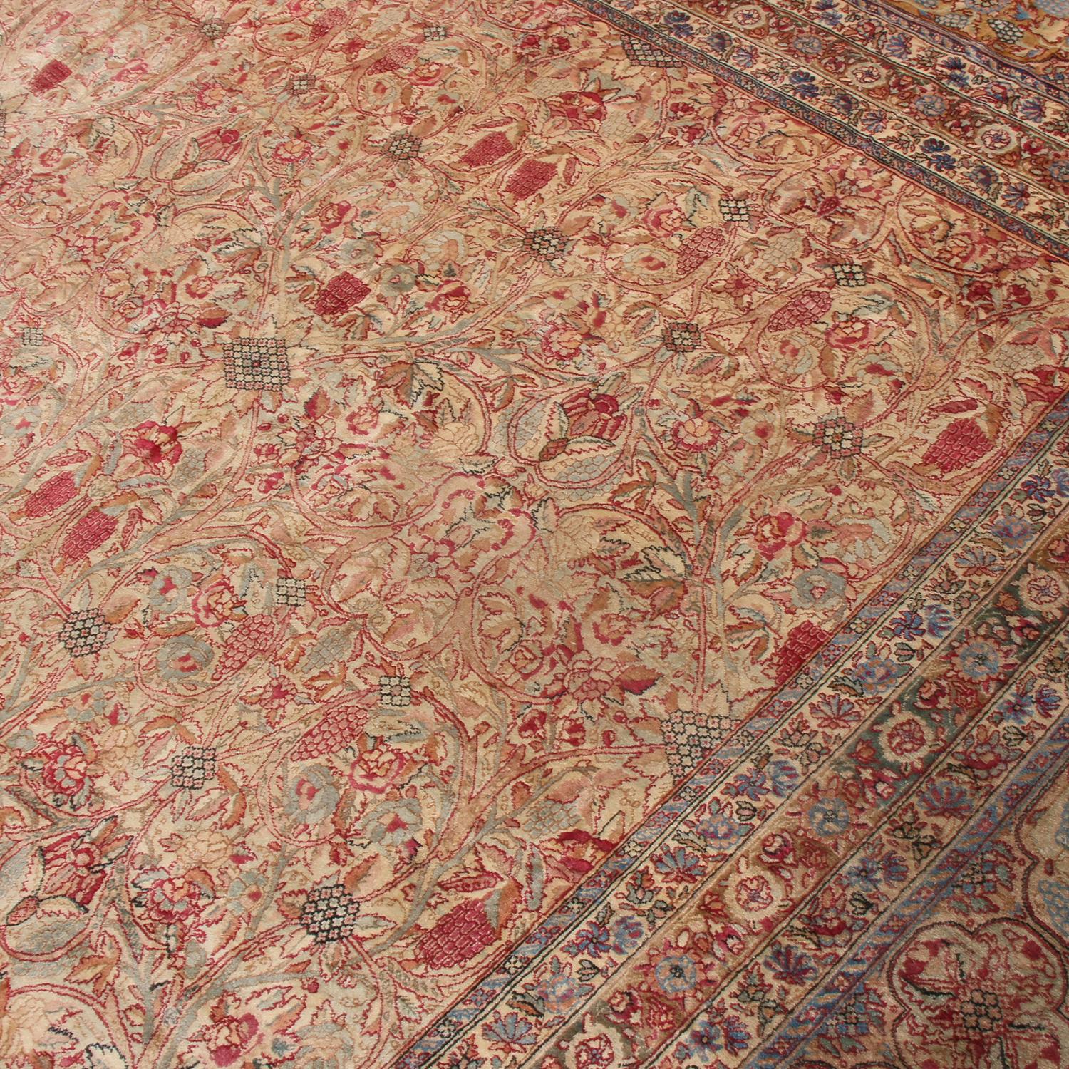 Hand-Knotted Antique Kerman Beige-Brown and Red Wool Persian Rug