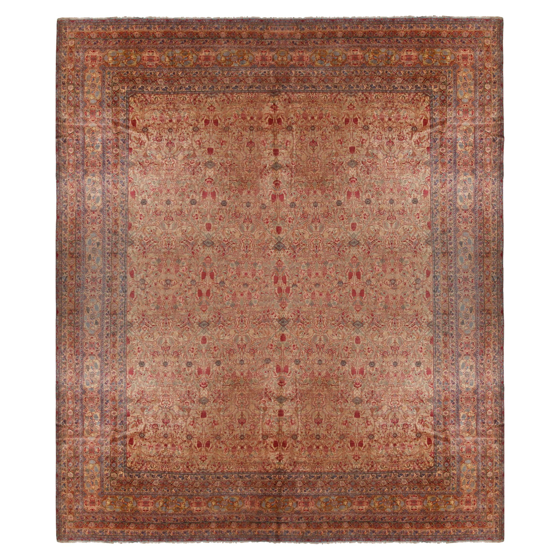 Antique Kerman Beige-Brown and Red Wool Persian Rug