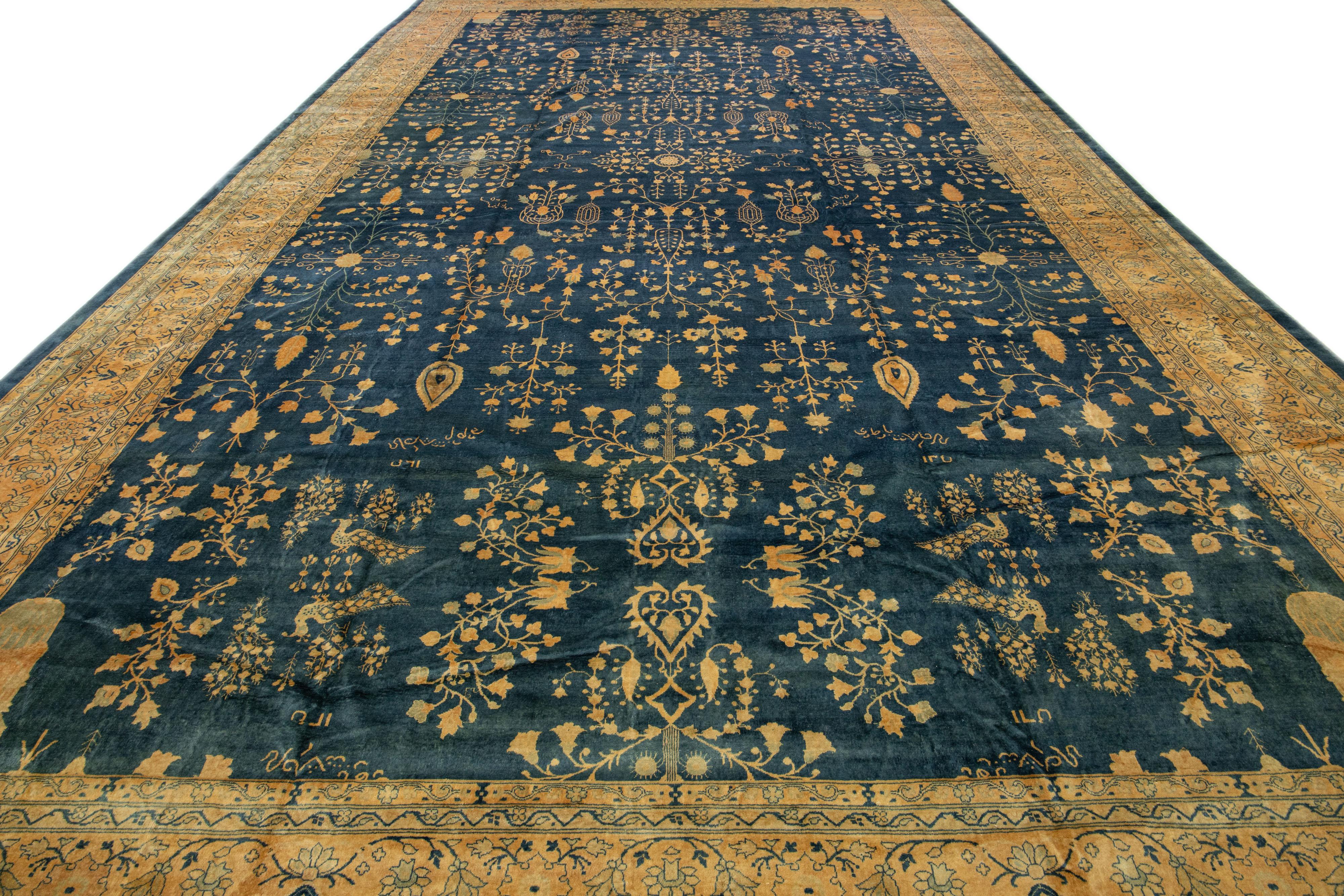 Kirman Antique Kerman Blue Handmade Persian Designed Wool Rug For Sale