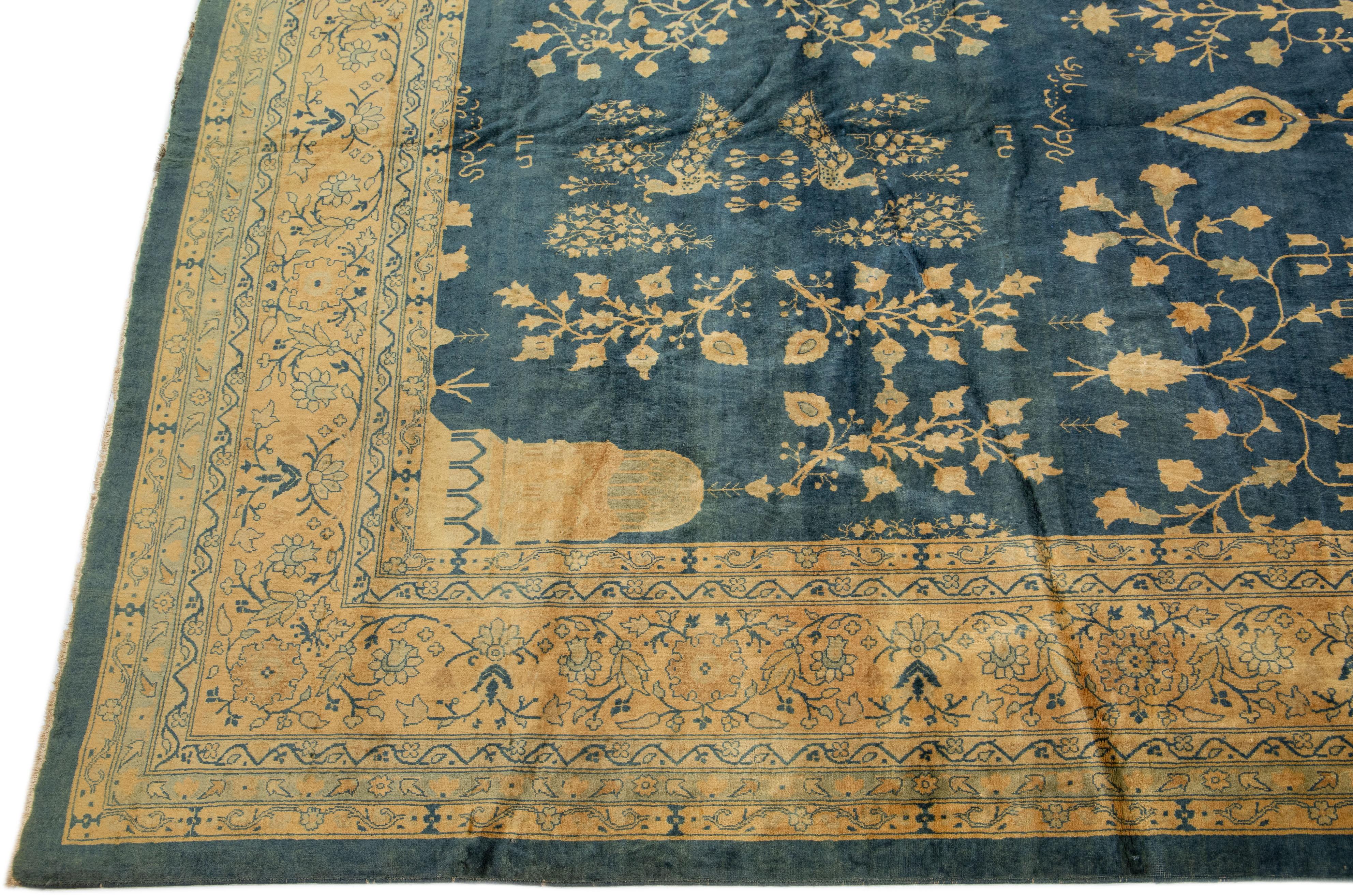 Hand-Knotted Antique Kerman Blue Handmade Persian Designed Wool Rug For Sale