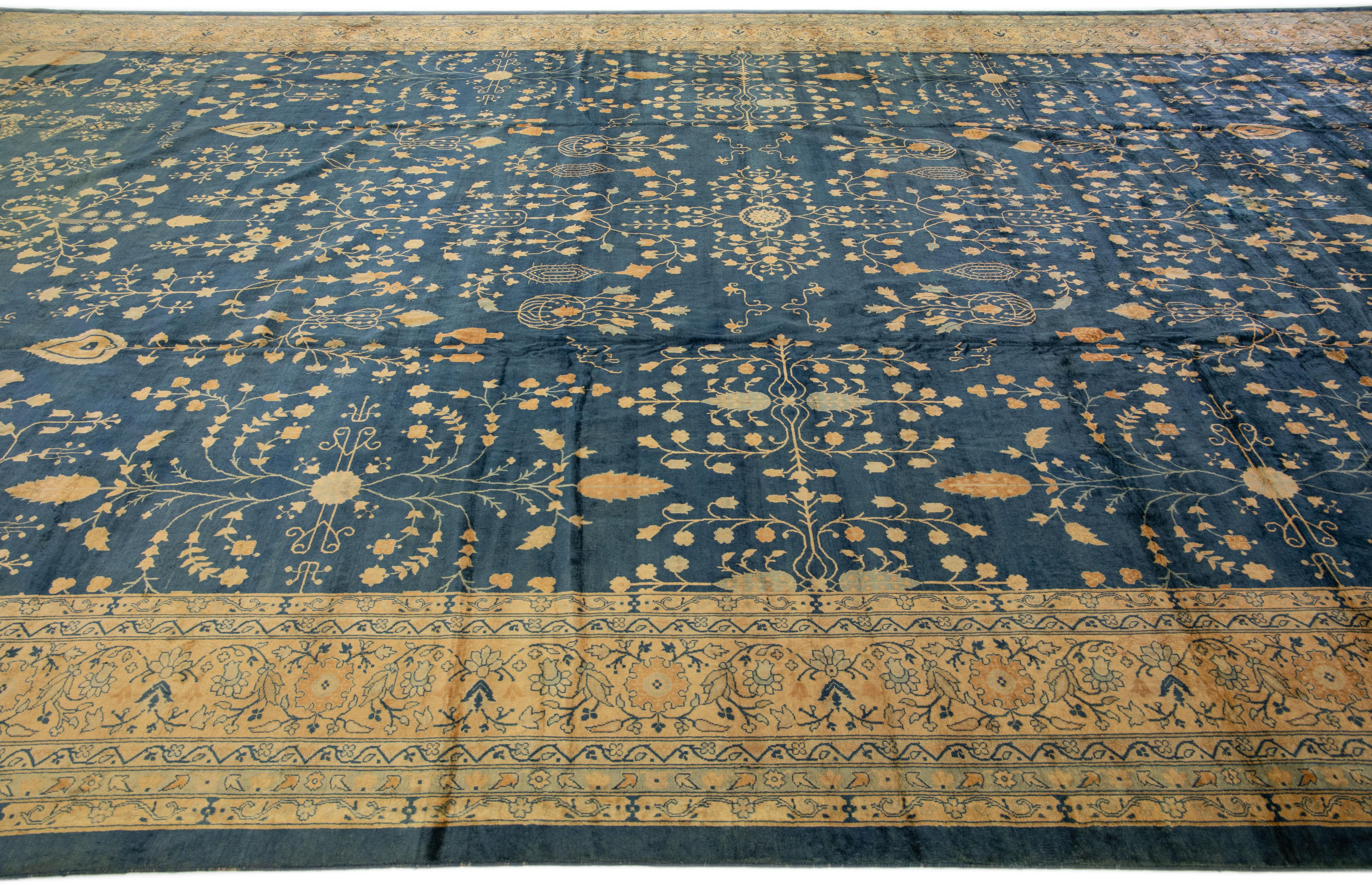 Antique Kerman Blue Handmade Persian Designed Wool Rug In Good Condition For Sale In Norwalk, CT