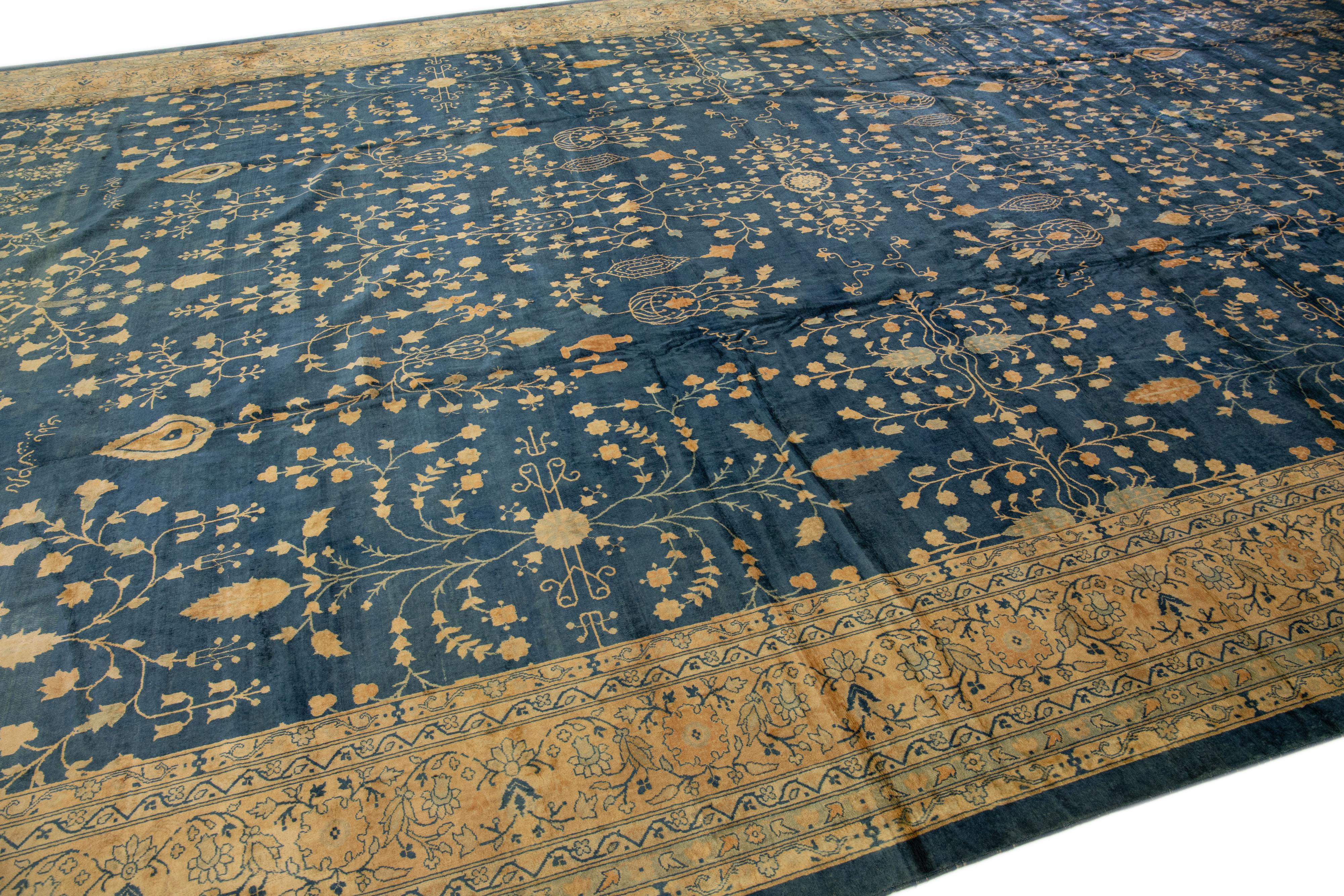 20th Century Antique Kerman Blue Handmade Persian Designed Wool Rug For Sale