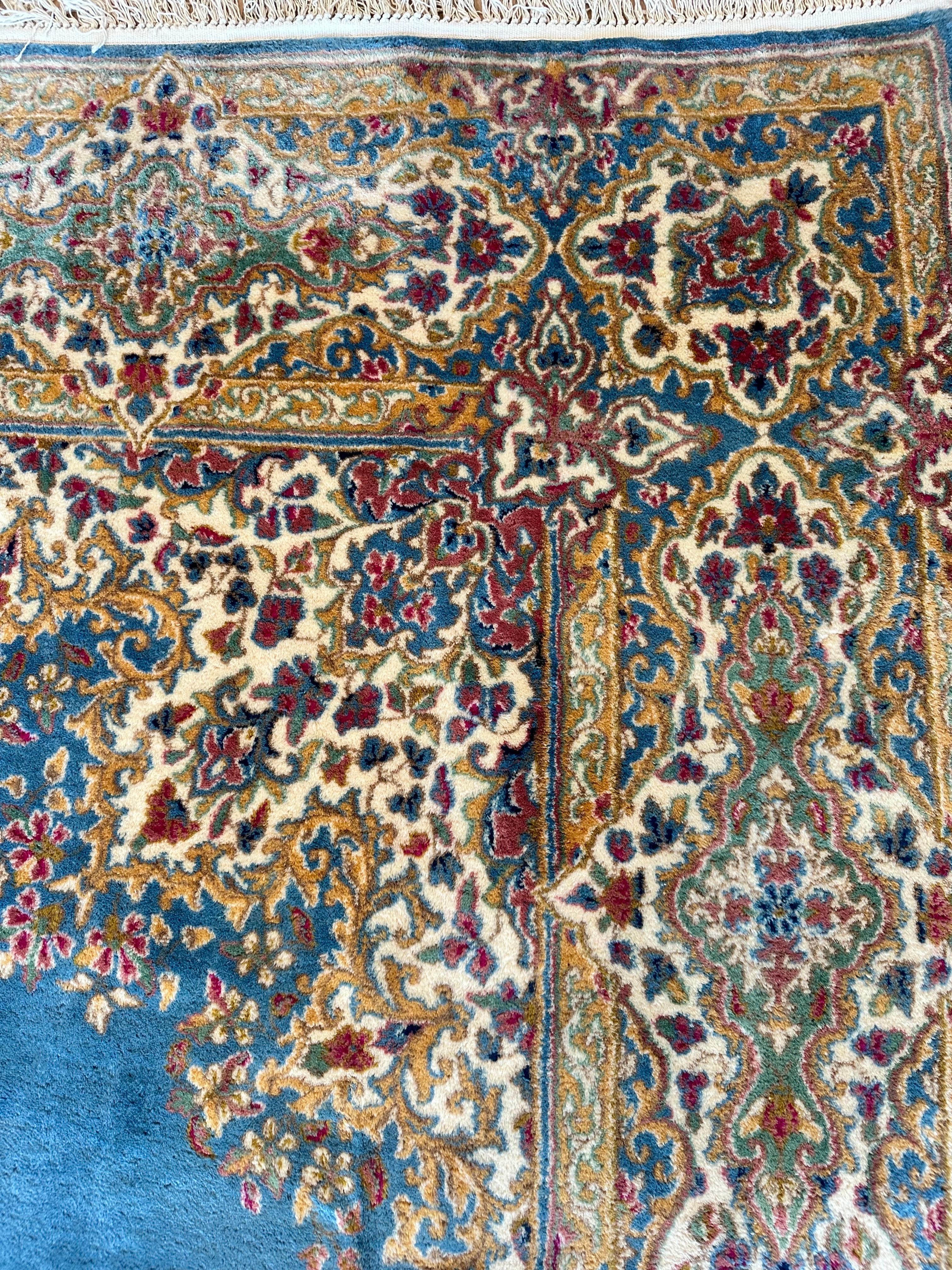 Antique Kerman Carpet, Fine Persian Oriental Rug Light Blue, Ivory, Gold, Green For Sale 5