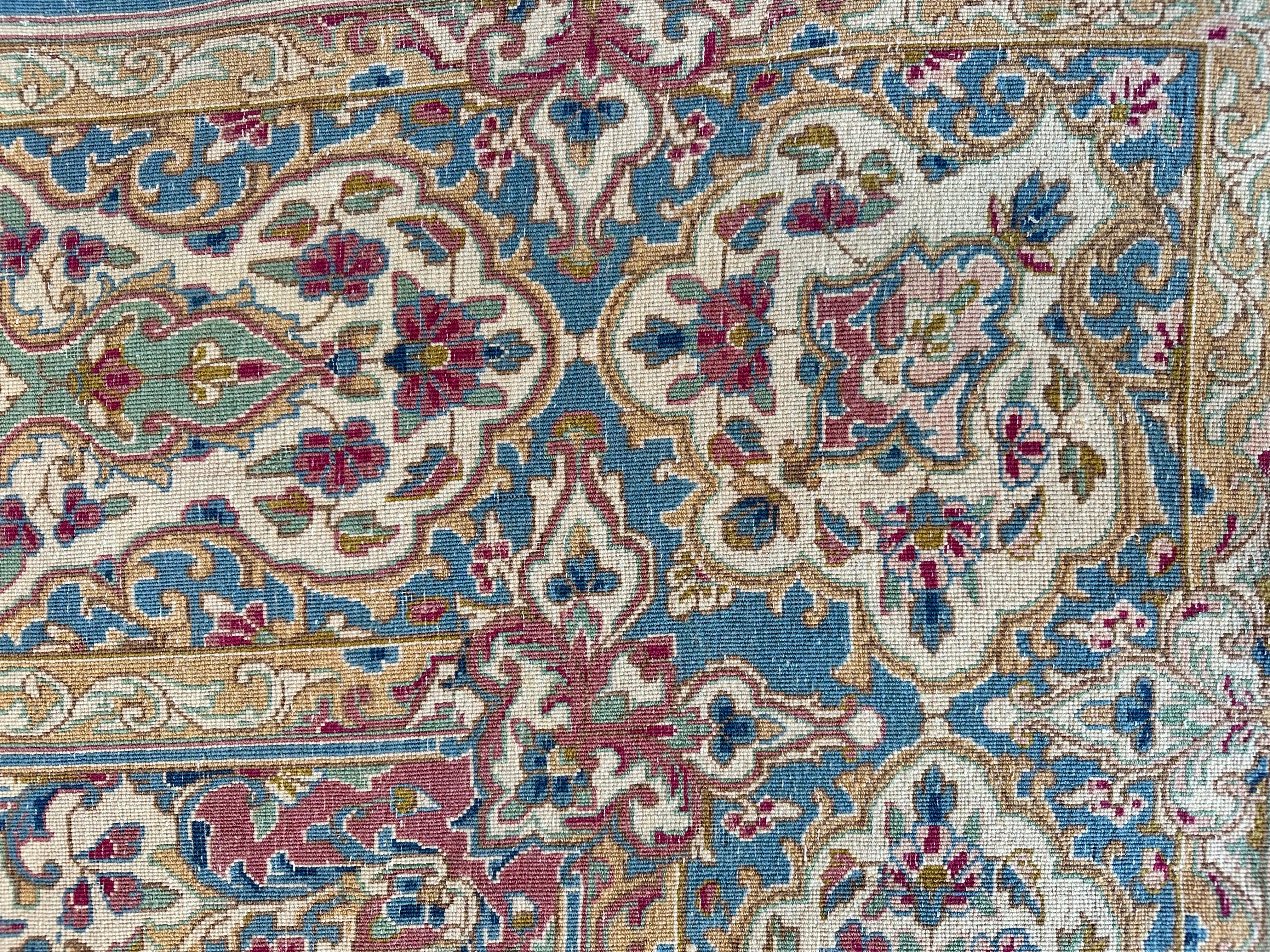 Antique Kerman Carpet, Fine Persian Oriental Rug Light Blue, Ivory, Gold, Green For Sale 6