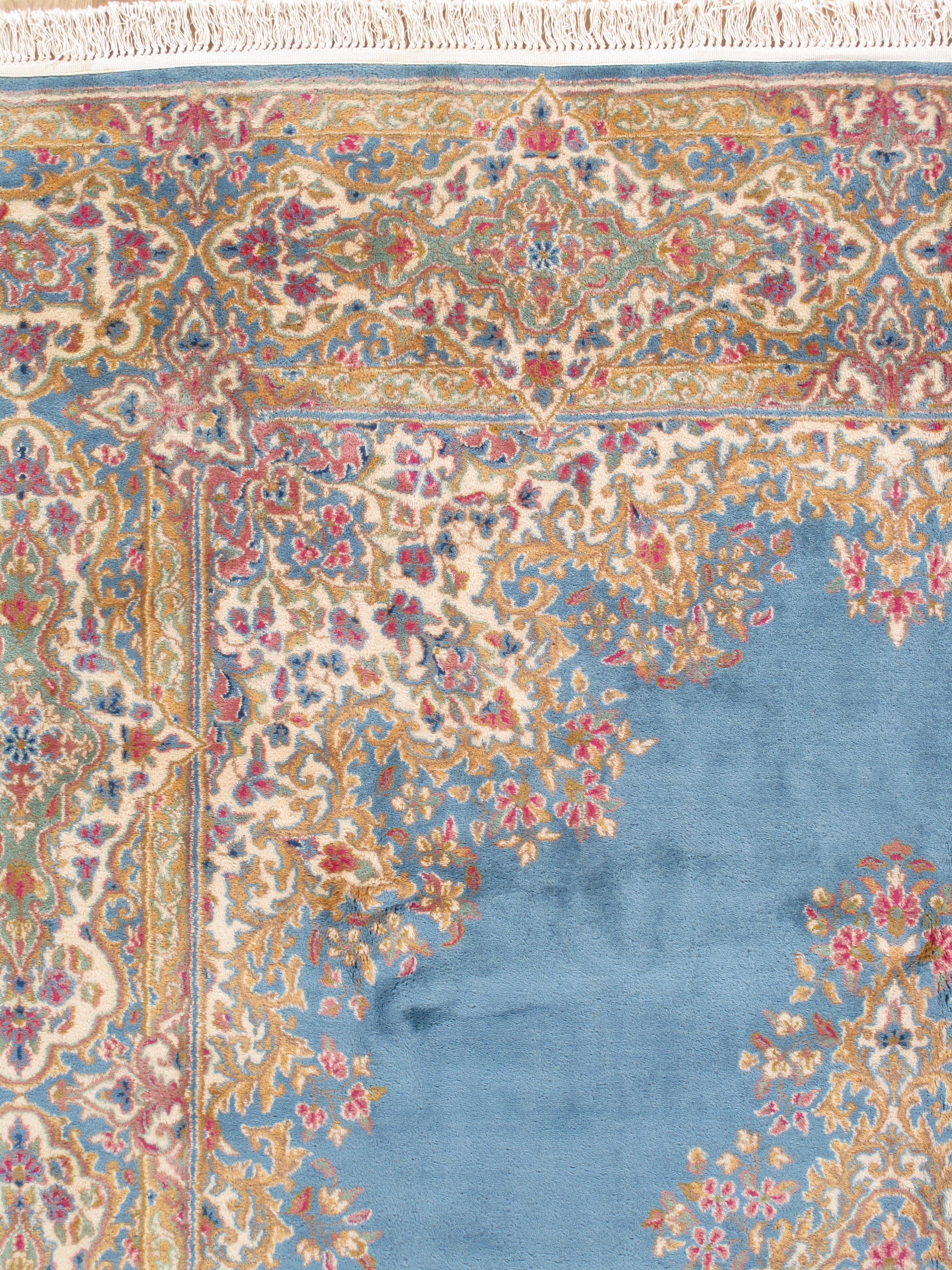 Hand-Knotted Antique Kerman Carpet, Fine Persian Oriental Rug Light Blue, Ivory, Gold, Green For Sale