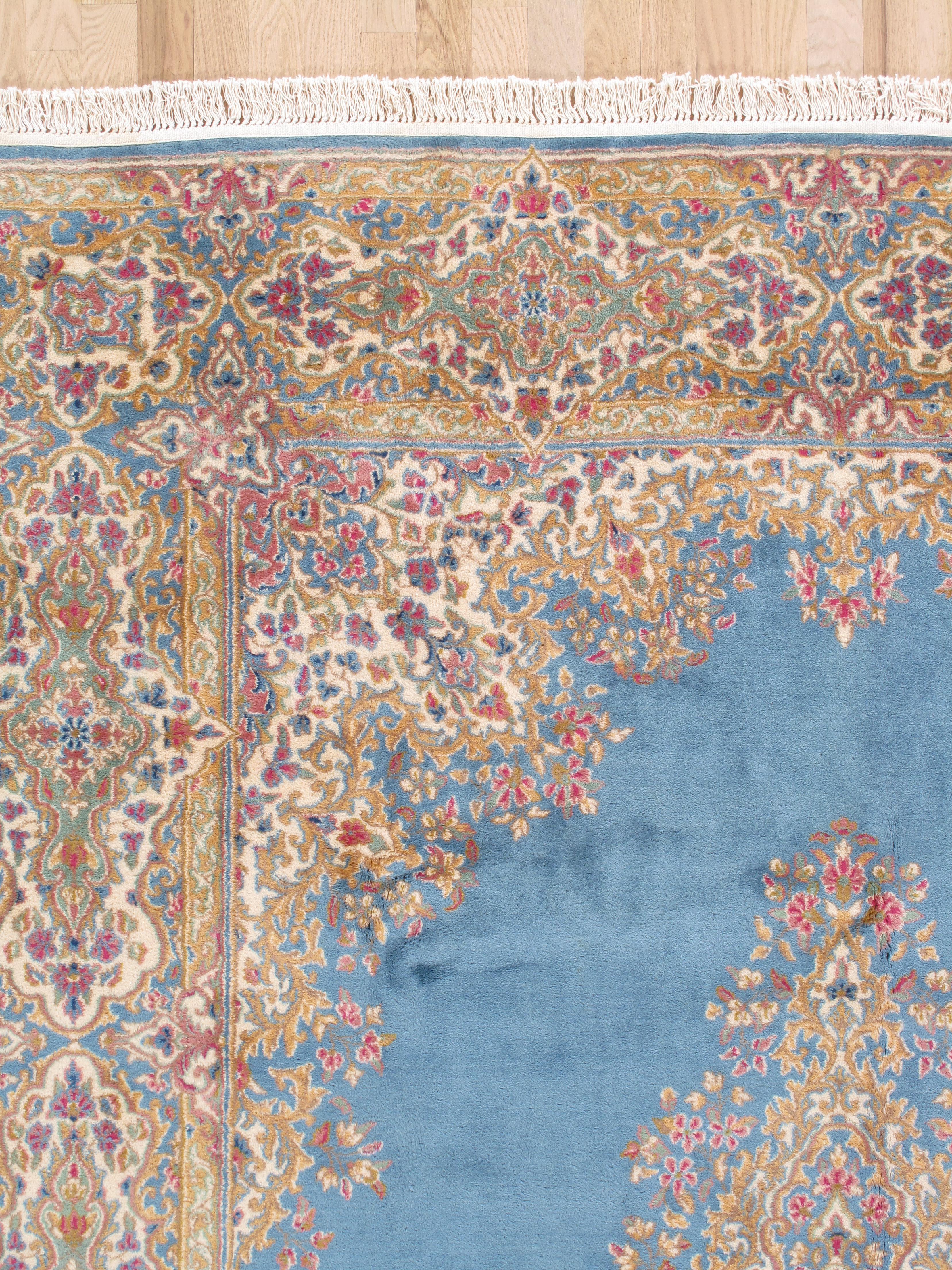 Antique Kerman Carpet, Fine Persian Oriental Rug Light Blue, Ivory, Gold, Green In Good Condition For Sale In Port Washington, NY
