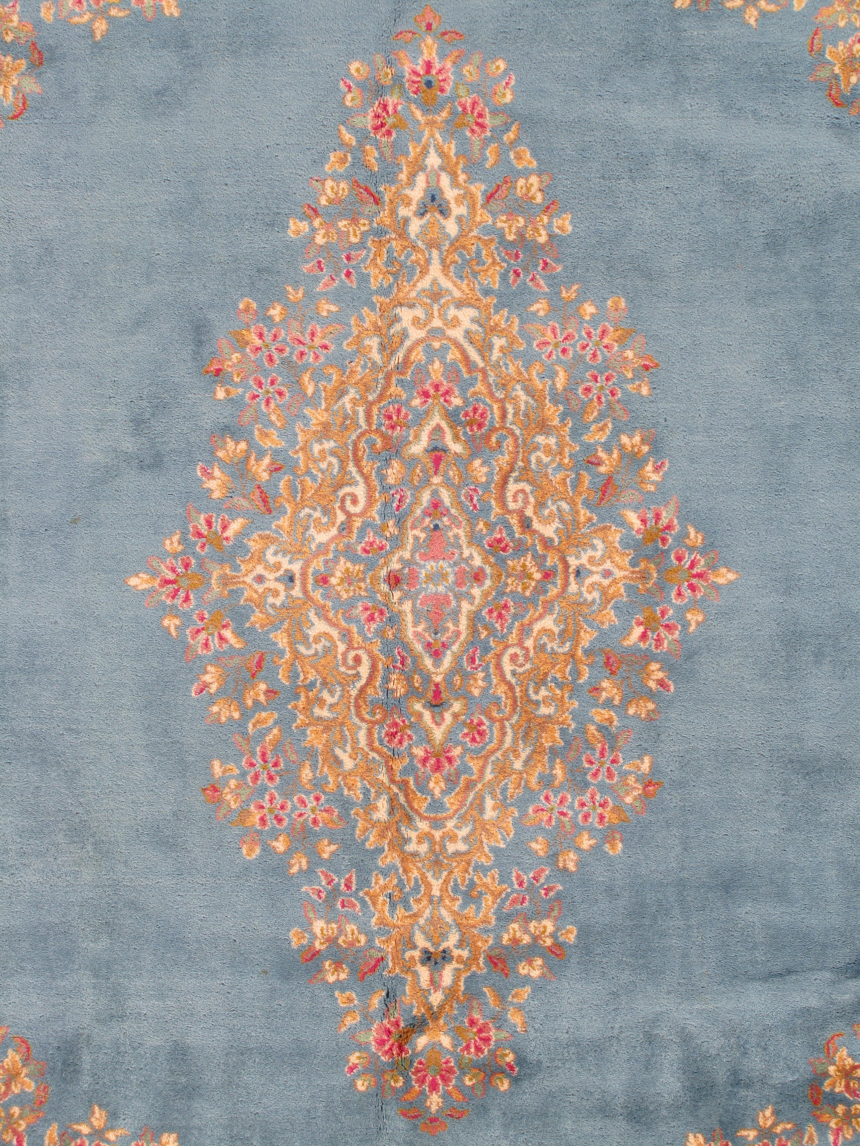20th Century Antique Kerman Carpet, Fine Persian Oriental Rug Light Blue, Ivory, Gold, Green For Sale