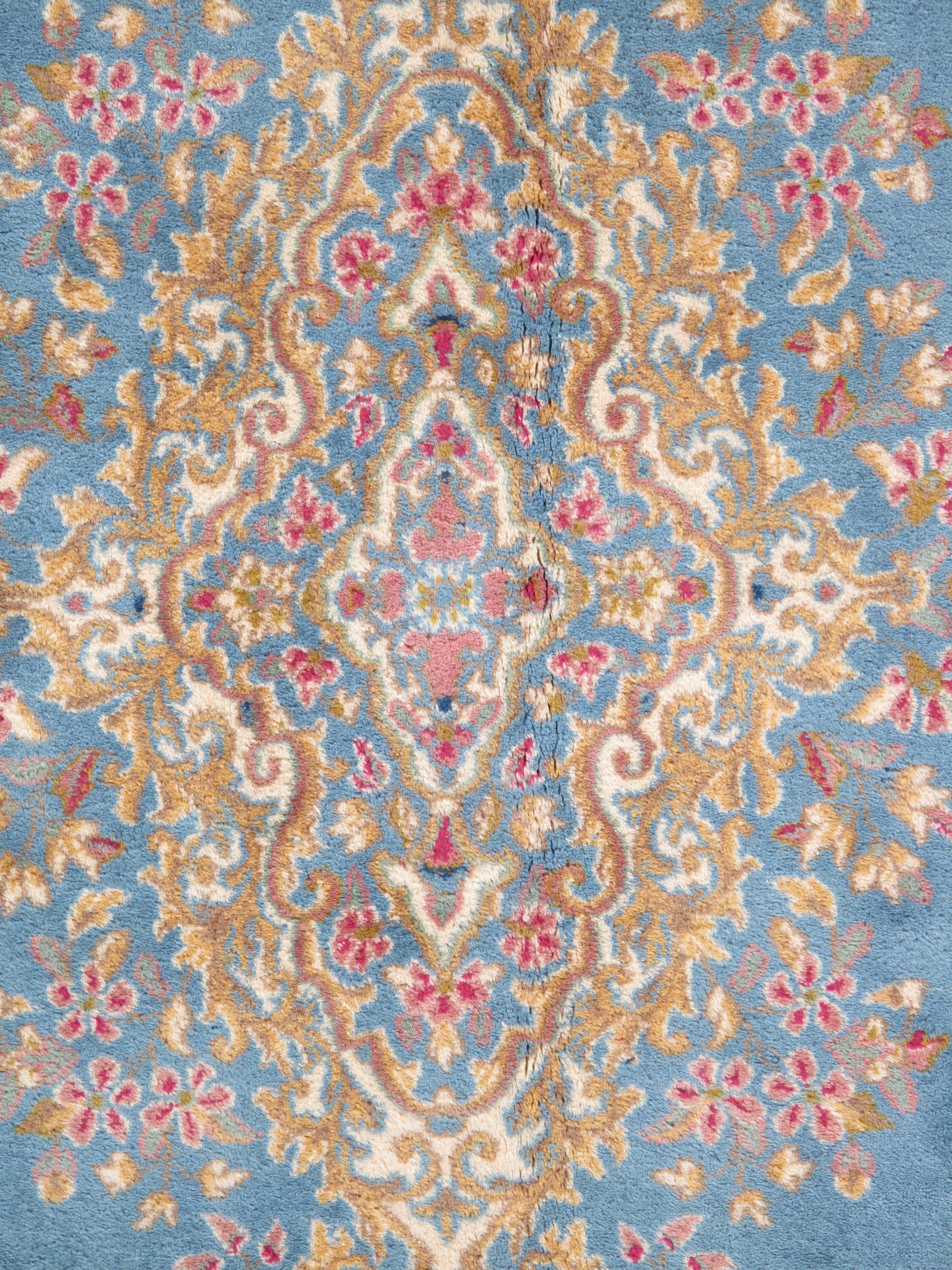 Wool Antique Kerman Carpet, Fine Persian Oriental Rug Light Blue, Ivory, Gold, Green For Sale