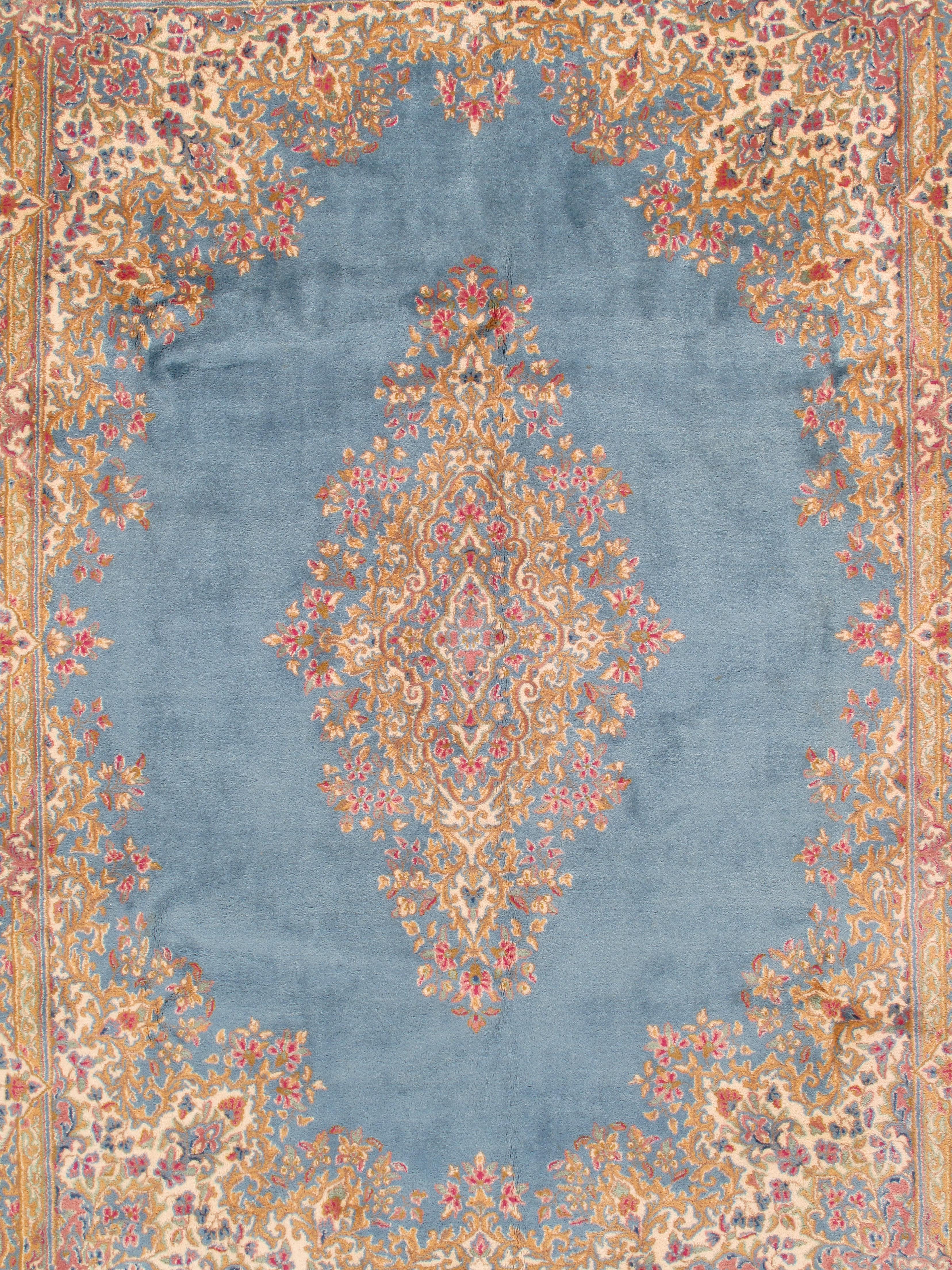 Antique Kerman Carpet, Fine Persian Oriental Rug Light Blue, Ivory, Gold, Green For Sale 1