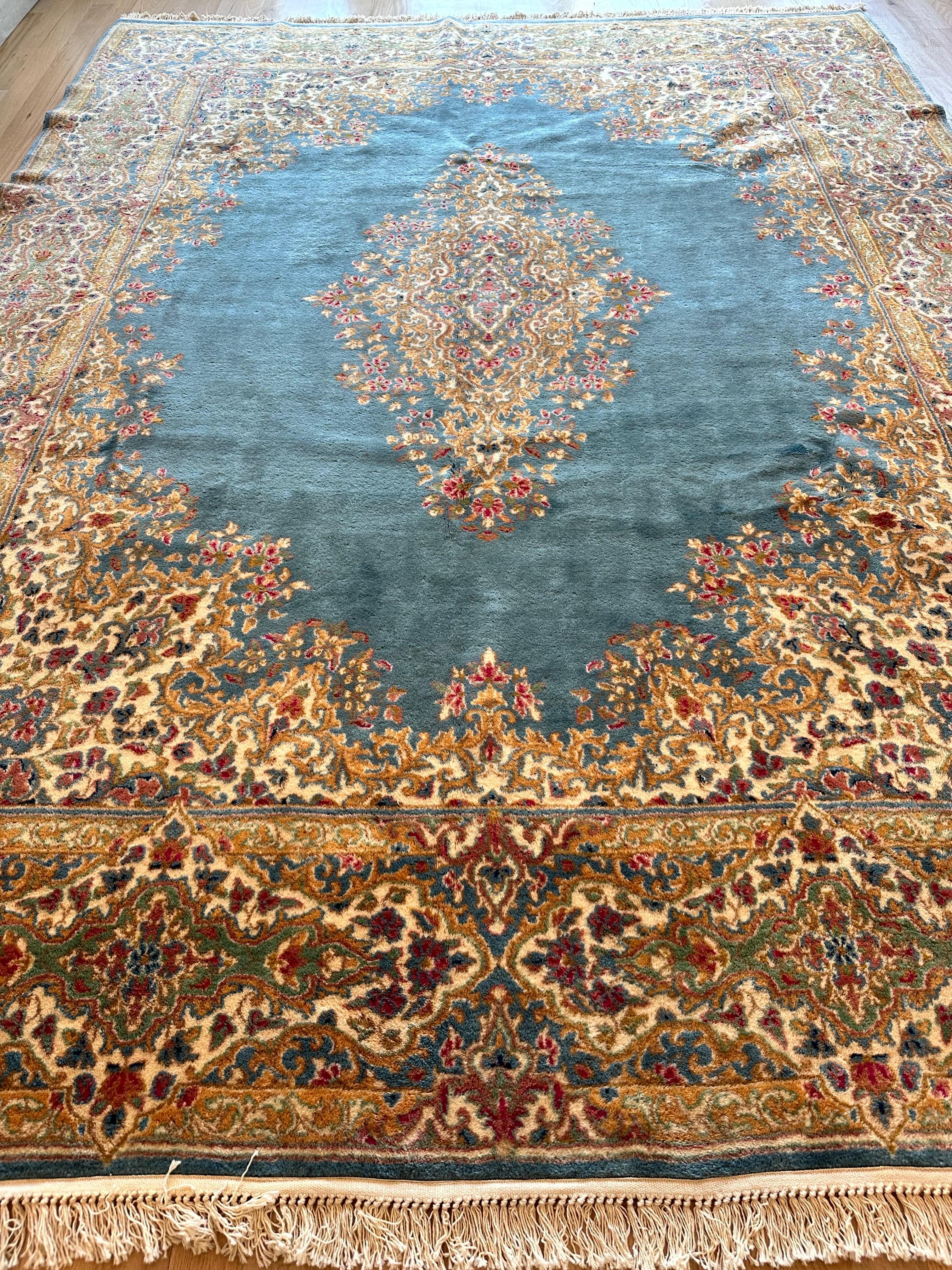 Antique Kerman Carpet, Fine Persian Oriental Rug Light Blue, Ivory, Gold, Green For Sale 2