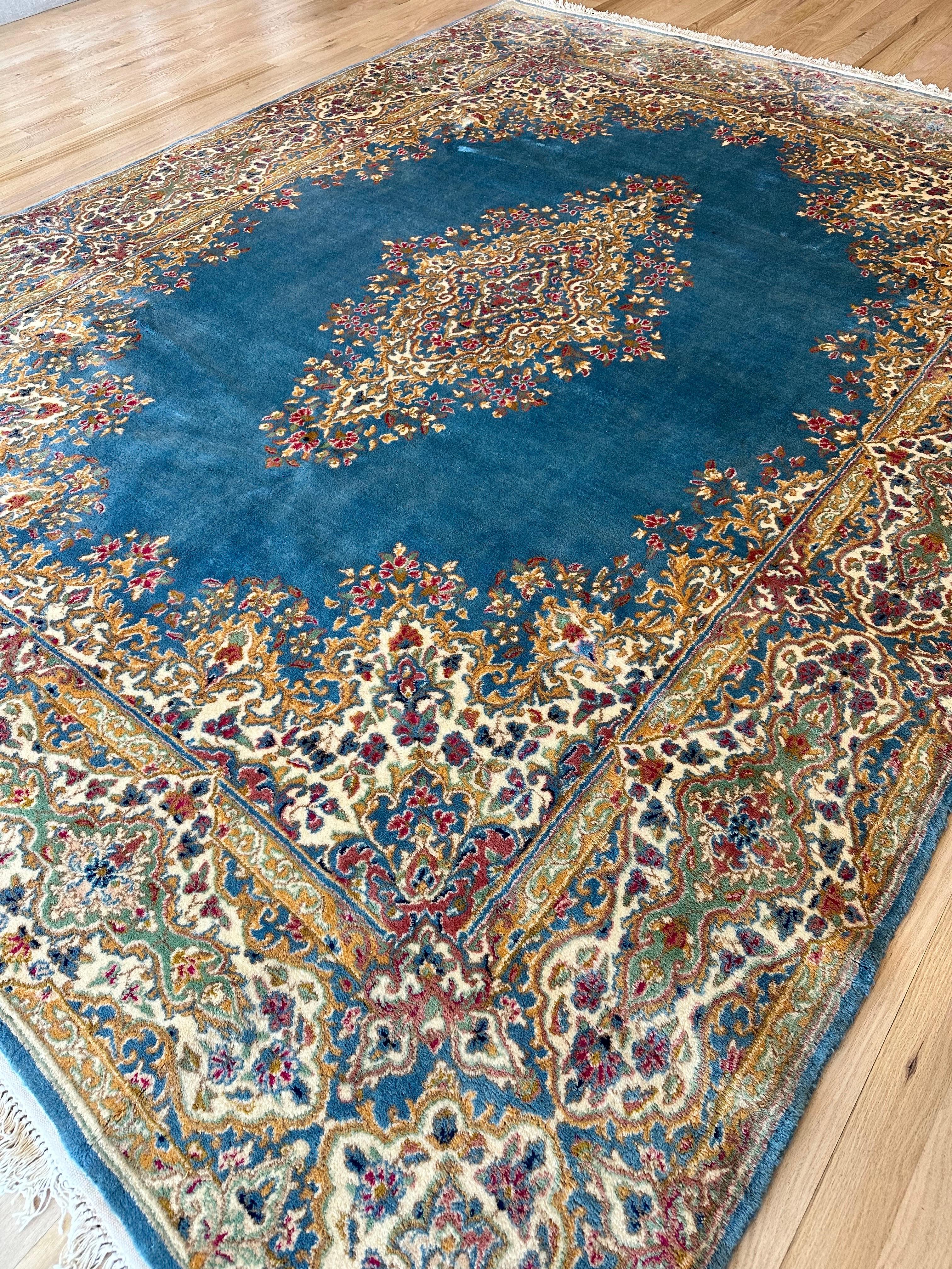 Antique Kerman Carpet, Fine Persian Oriental Rug Light Blue, Ivory, Gold, Green For Sale 3
