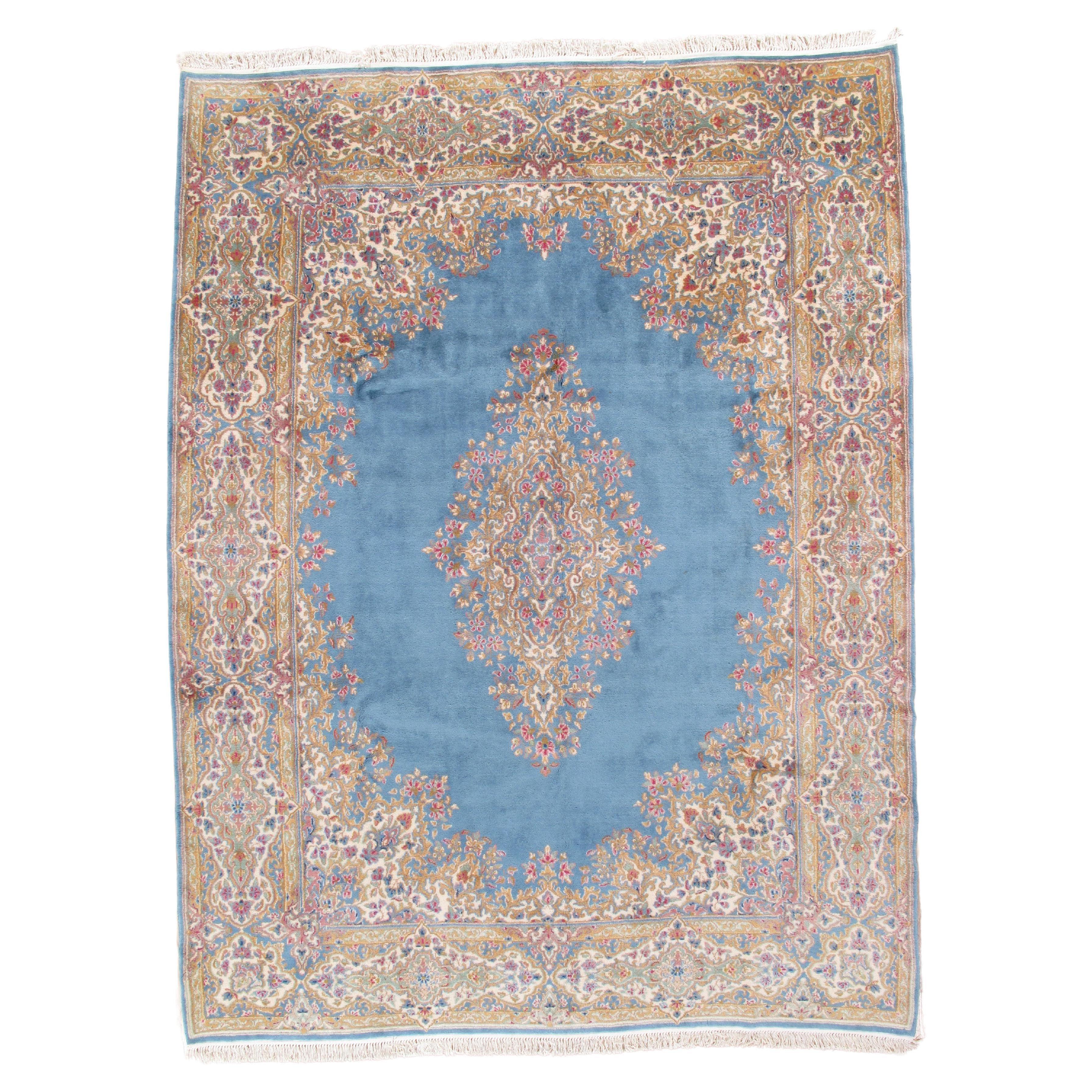 Antique Kerman Carpet, Fine Persian Oriental Rug Light Blue, Ivory, Gold, Green For Sale