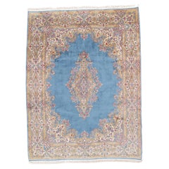 Tapis Kerman ancien, beau tapis persan oriental bleu clair, ivoire, or, vert