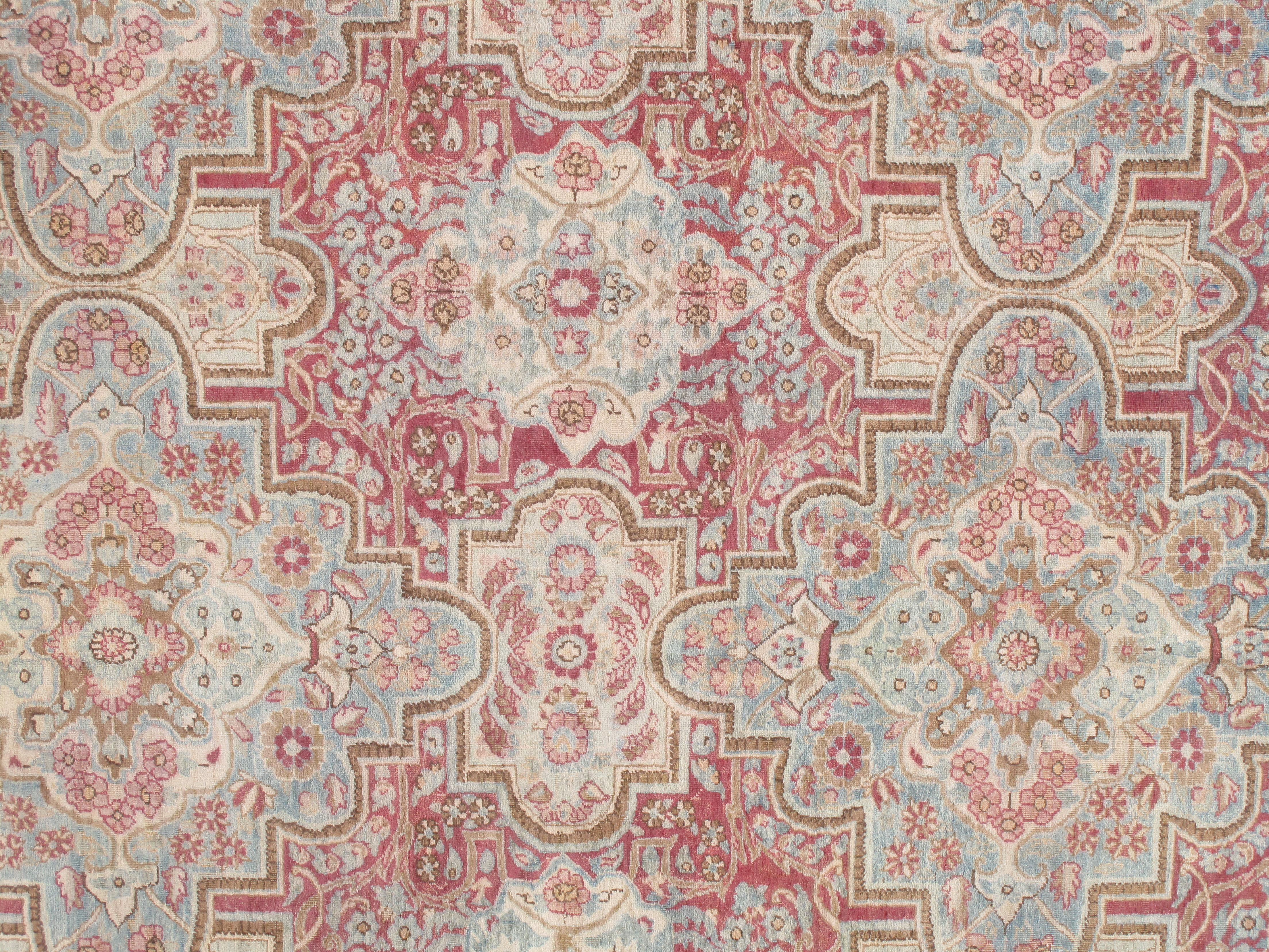 Antique Kerman Carpet, Handmade Persian Rug Wool Carpet Lt Blue, Beige and Coral For Sale 4