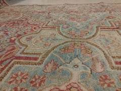 Antique Kerman Carpet, Handmade Persian Rug Wool Carpet Lt Blue, Beige and Coral