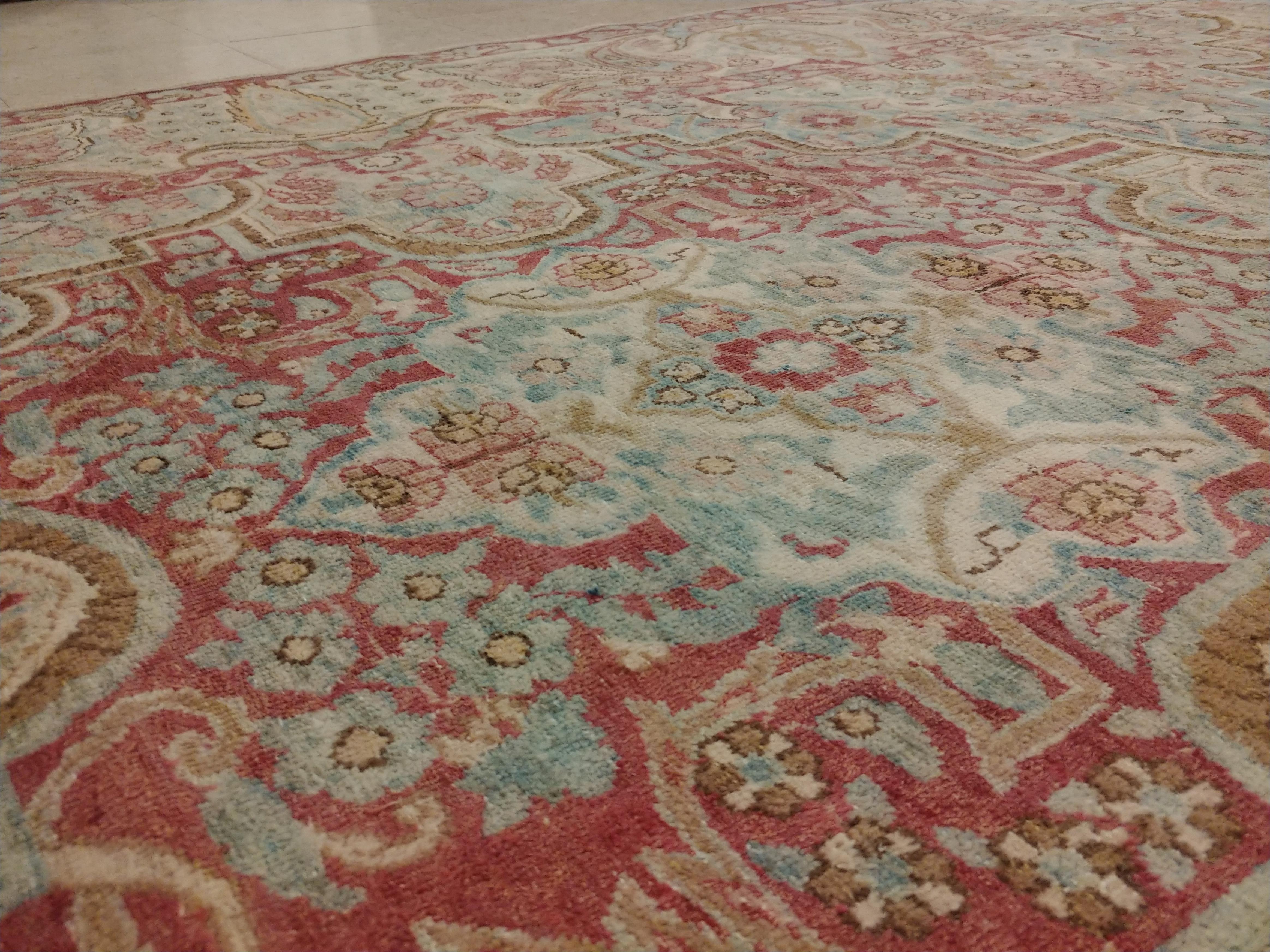 Kirman Antique Kerman Carpet, Handmade Persian Rug Wool Carpet Lt Blue, Beige and Coral For Sale