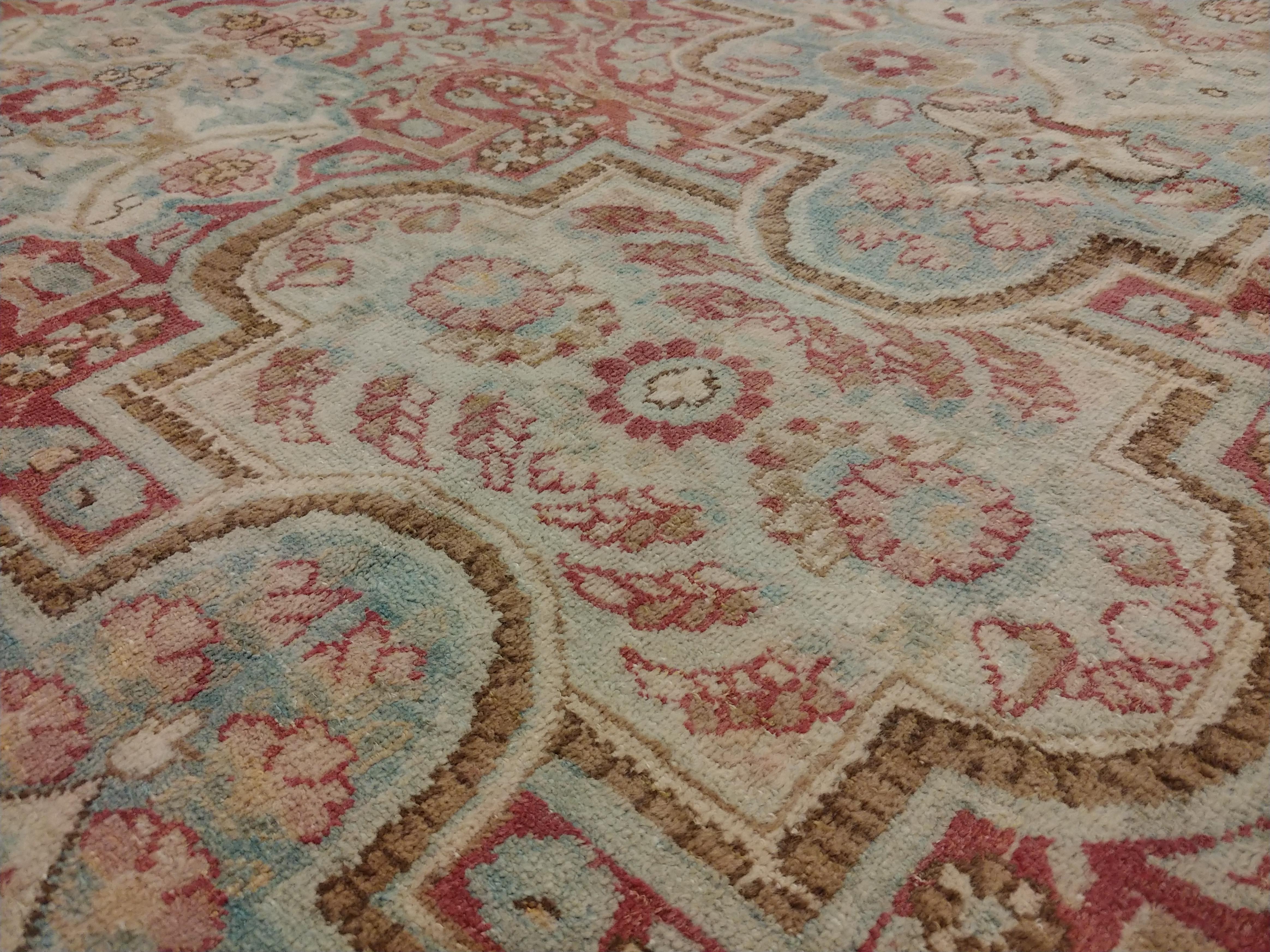 Hand-Knotted Antique Kerman Carpet, Handmade Persian Rug Wool Carpet Lt Blue, Beige and Coral For Sale