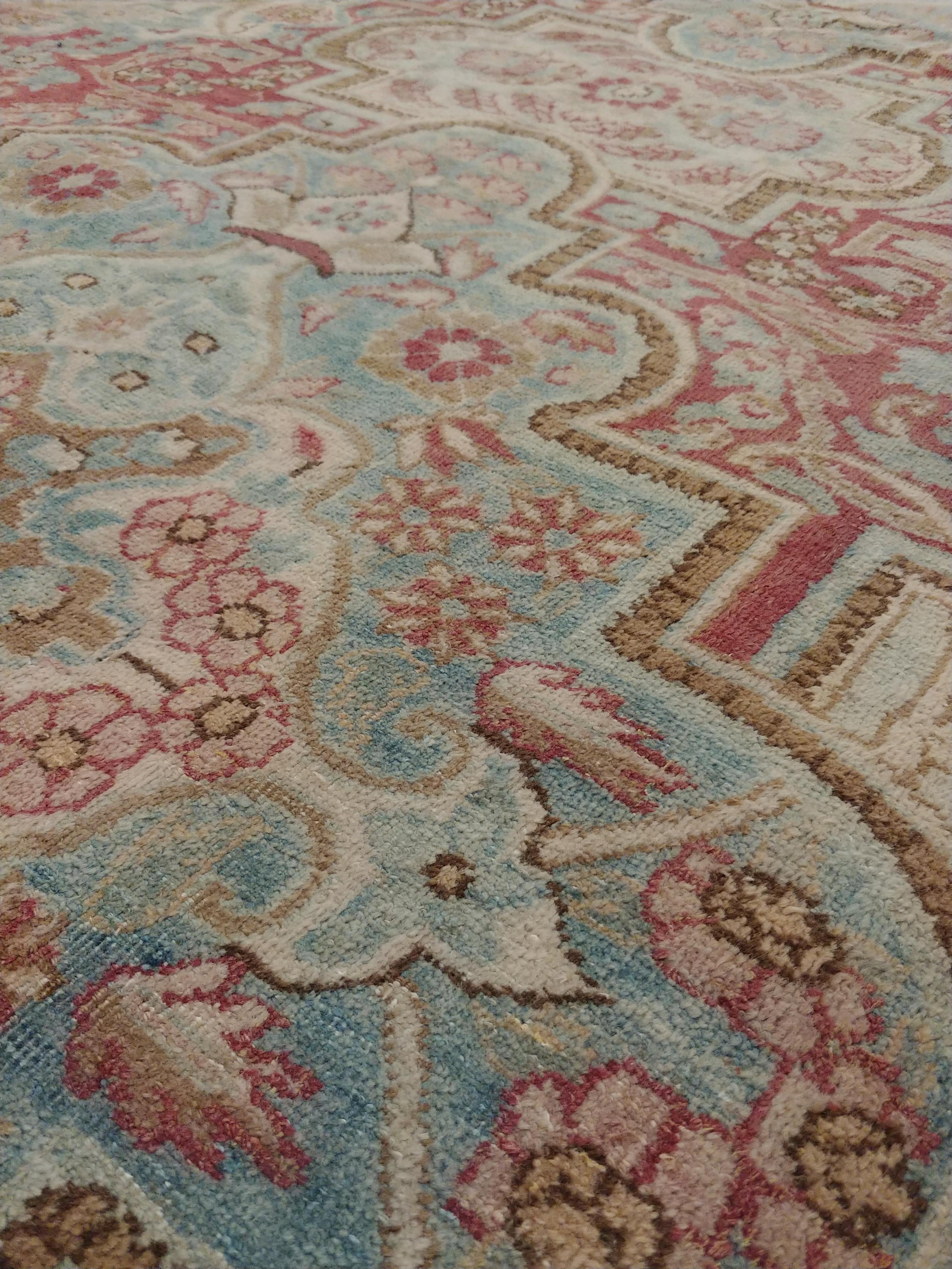 Antique Kerman Carpet, Handmade Persian Rug Wool Carpet Lt Blue, Beige and Coral In Fair Condition For Sale In Port Washington, NY