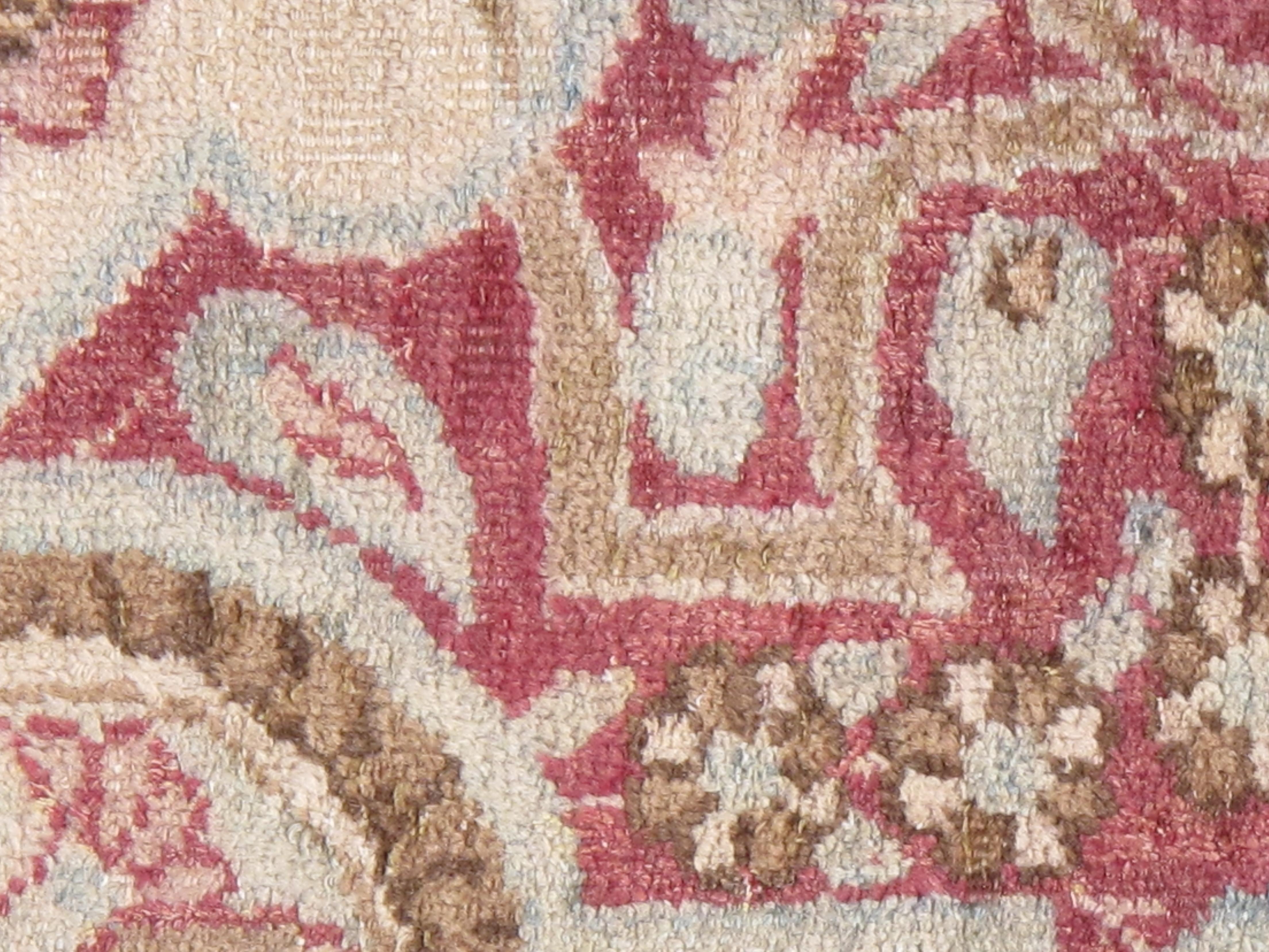 Antique Kerman Carpet, Handmade Persian Rug Wool Carpet Lt Blue, Beige and Coral For Sale 3