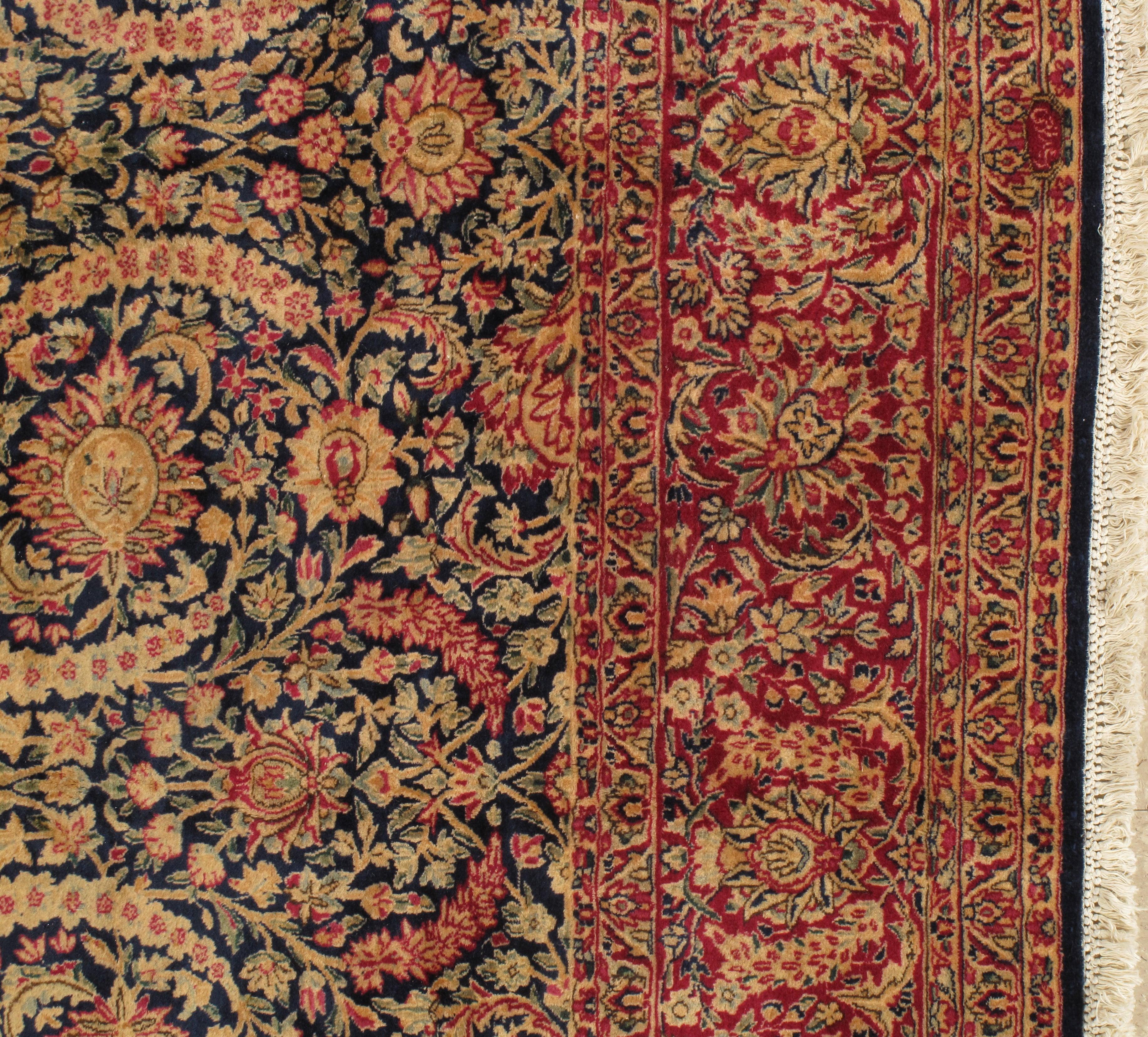 20th Century Antique Kerman Carpet, Persian Handmade Oriental Rug, Red and Blue, Allover For Sale