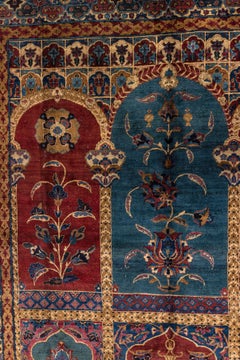 Antique Kerman Carpet with Architectural Panel Design in Red, Blue and Gold