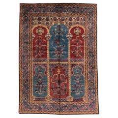 Antique Kerman Carpet with Architectural Panel Design in Red, Blue and Gold