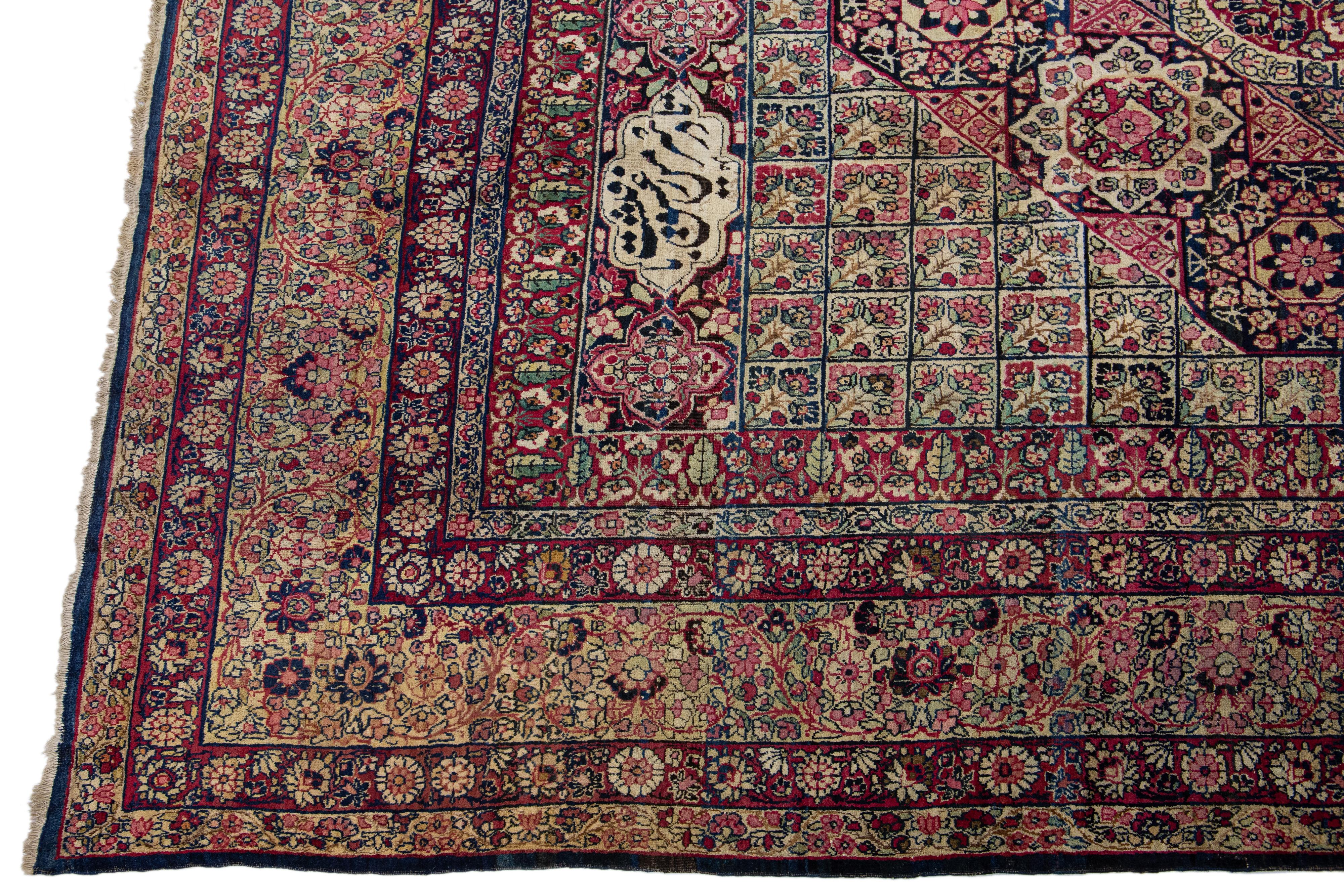 Persian Antique Kerman Handmade Allover Floral Designed Wool Rug For Sale
