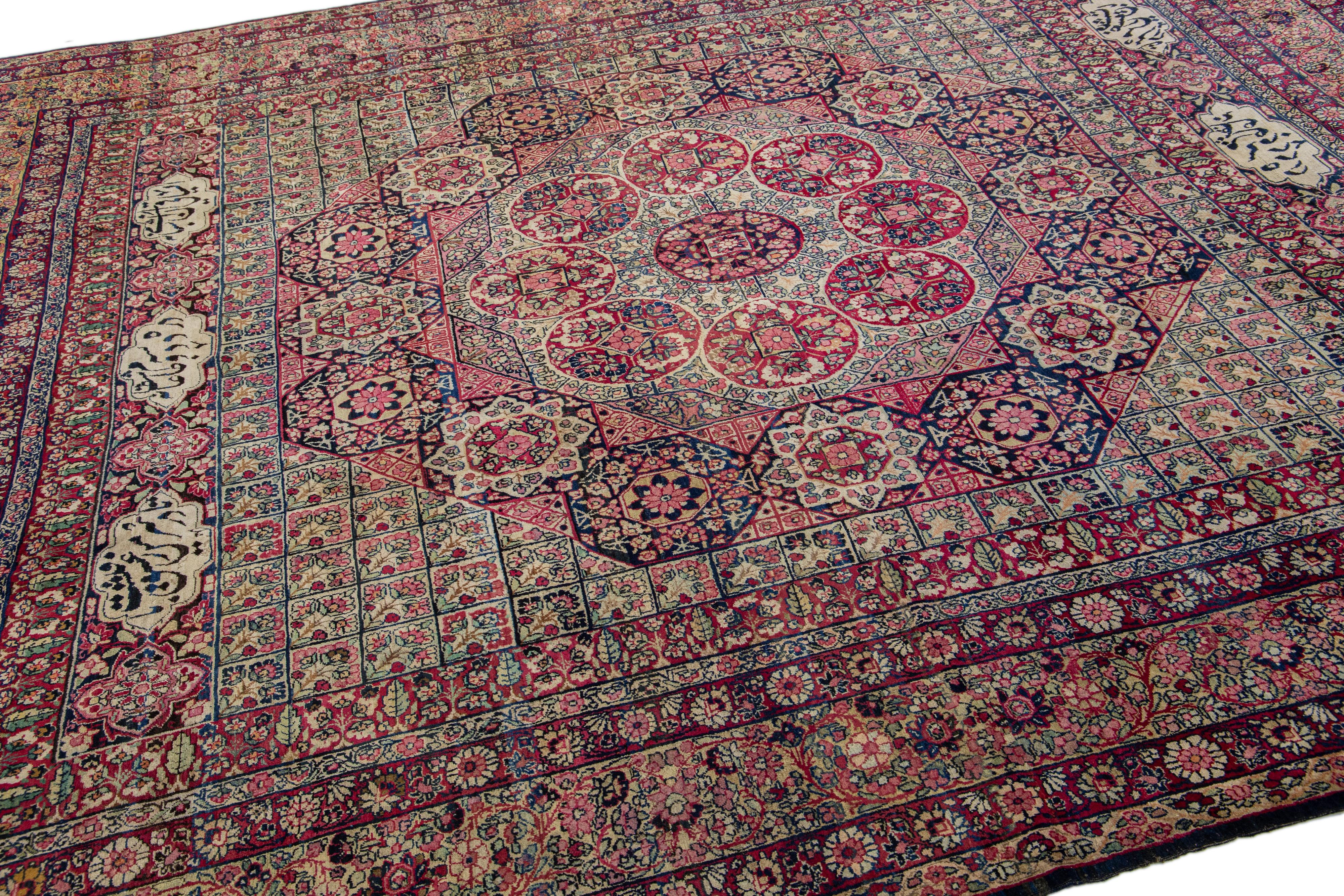 Antique Kerman Handmade Allover Floral Designed Wool Rug In Good Condition For Sale In Norwalk, CT