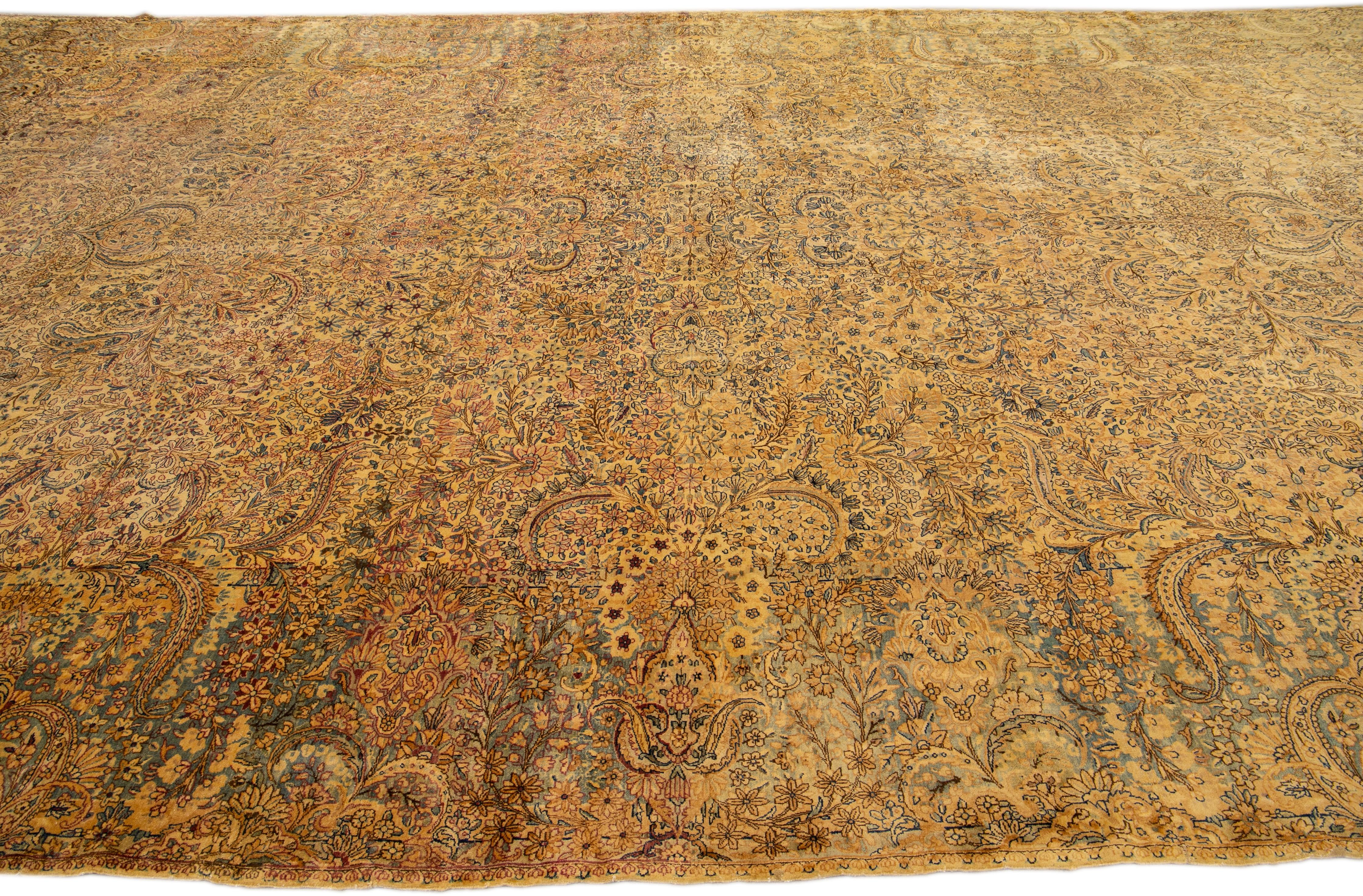 Hand-Knotted Antique Kerman Handmade Allover Floral Tan Oversize Wool Rug For Sale