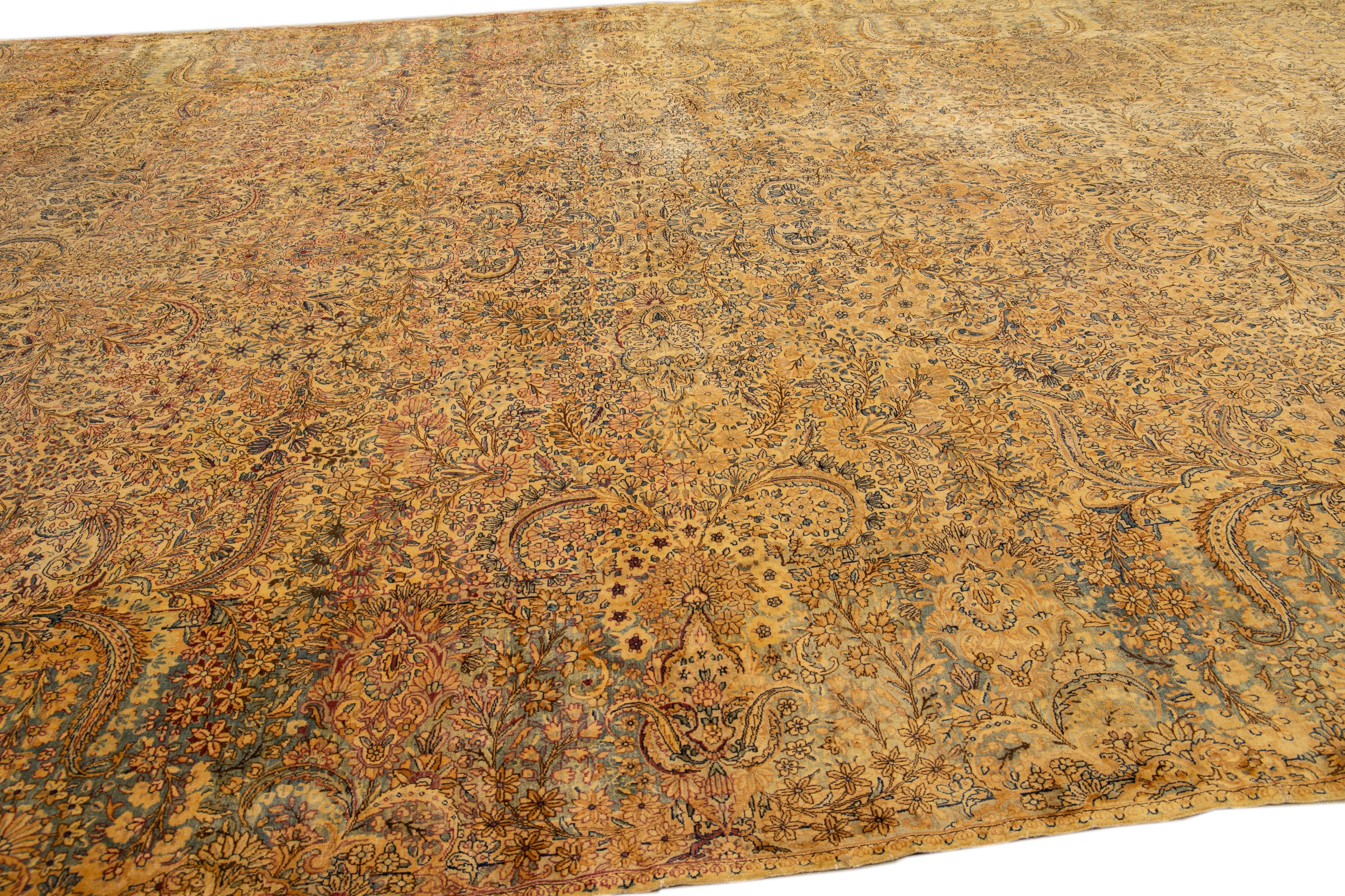 Early 20th Century Antique Kerman Handmade Allover Floral Tan Oversize Wool Rug For Sale