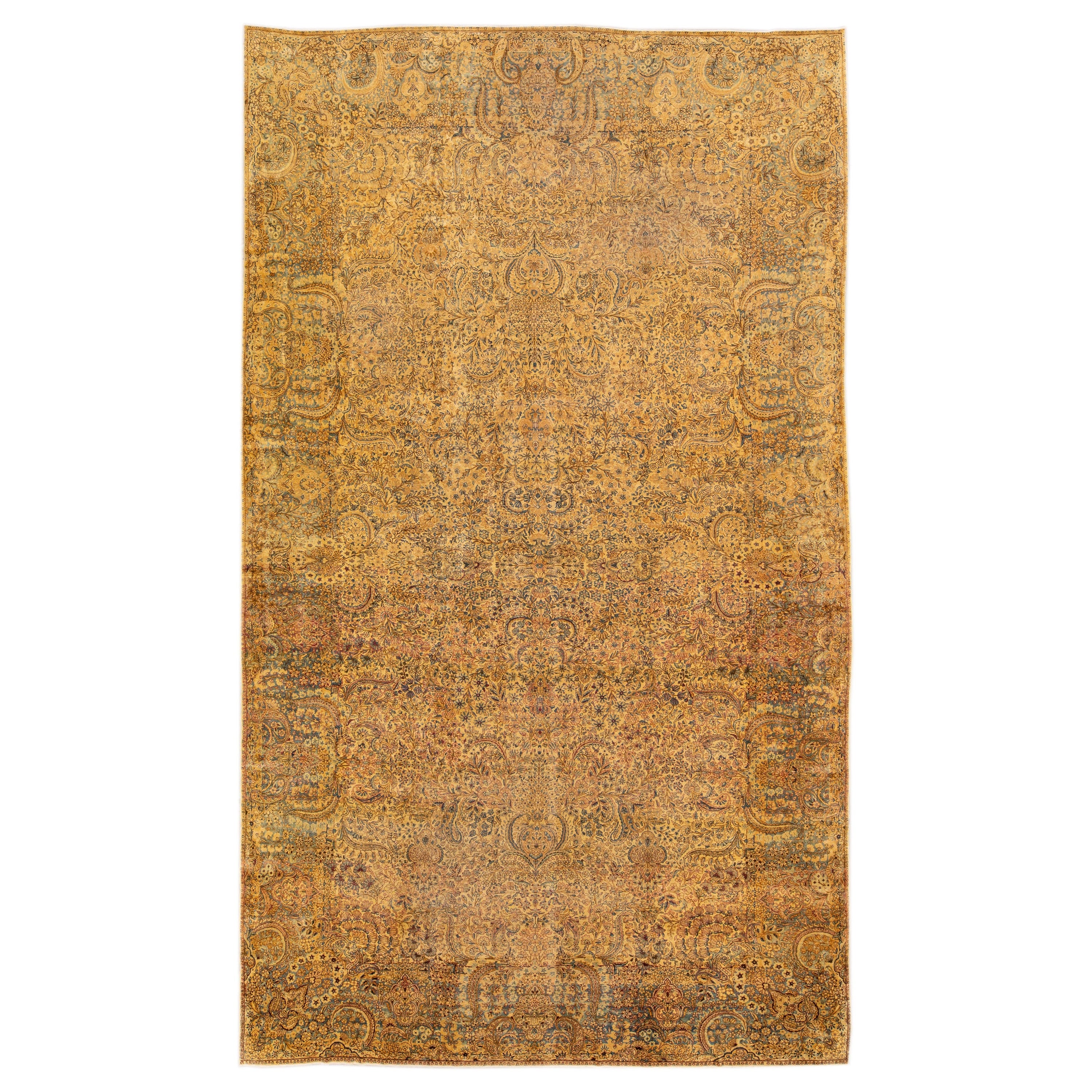 Tappeto antico in lana oversize Kerman fatto a mano con motivi floreali in tan