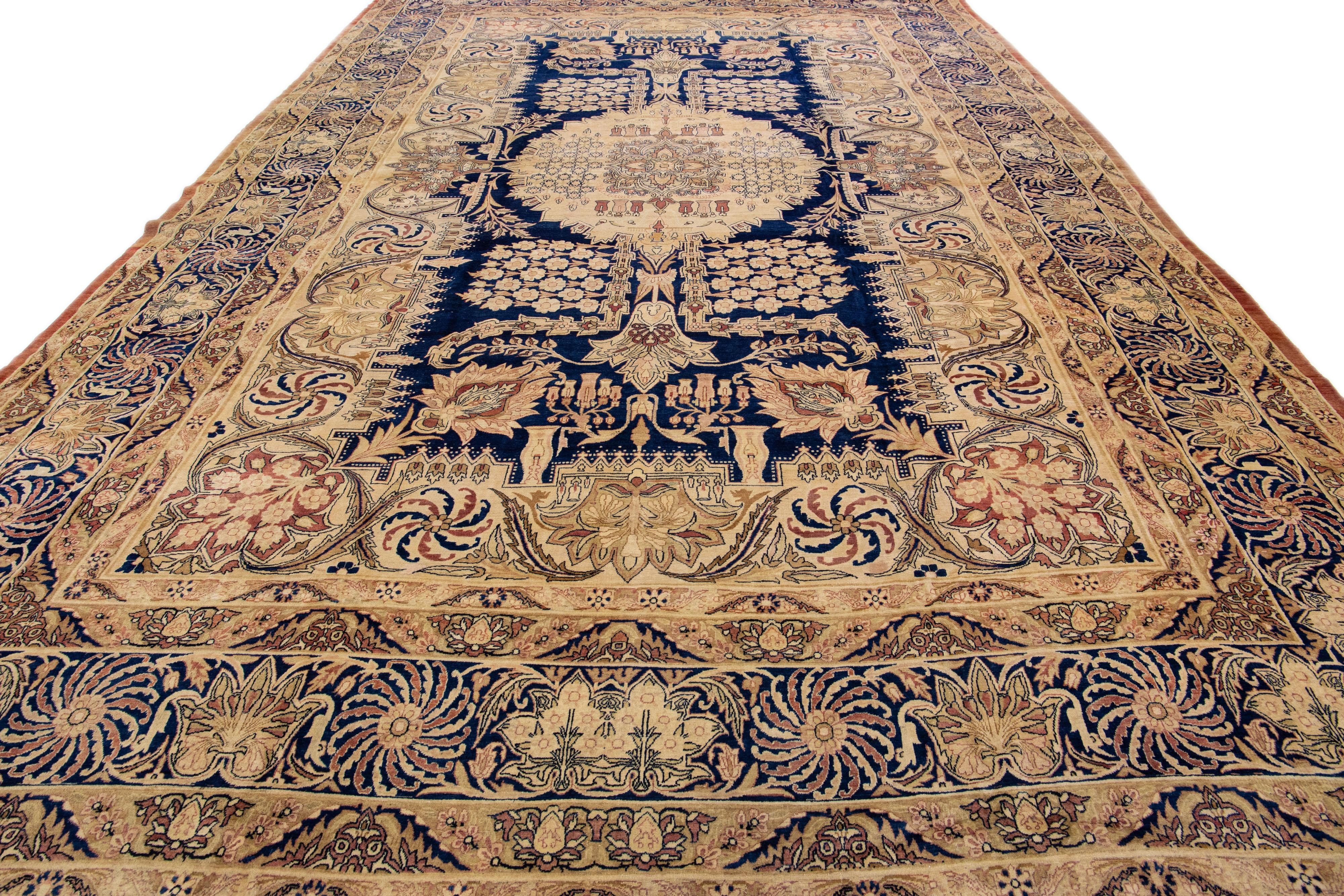 Kirman Antique Kerman Handmade Beige & Blue Persian Wool Rug with Allover Pattern For Sale